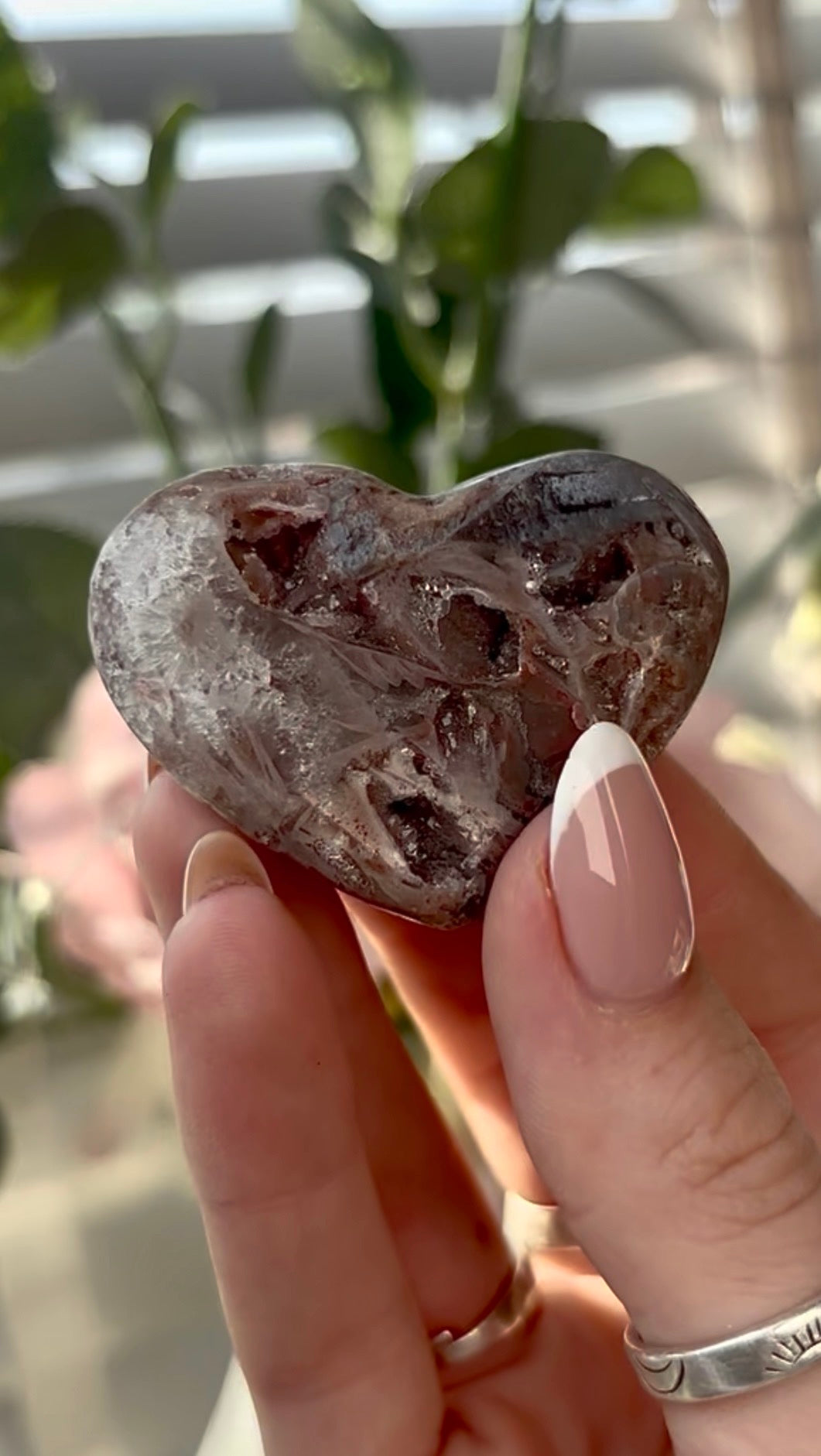 Gorgeous, mini rutile, pink amethyst heart -comes with stand