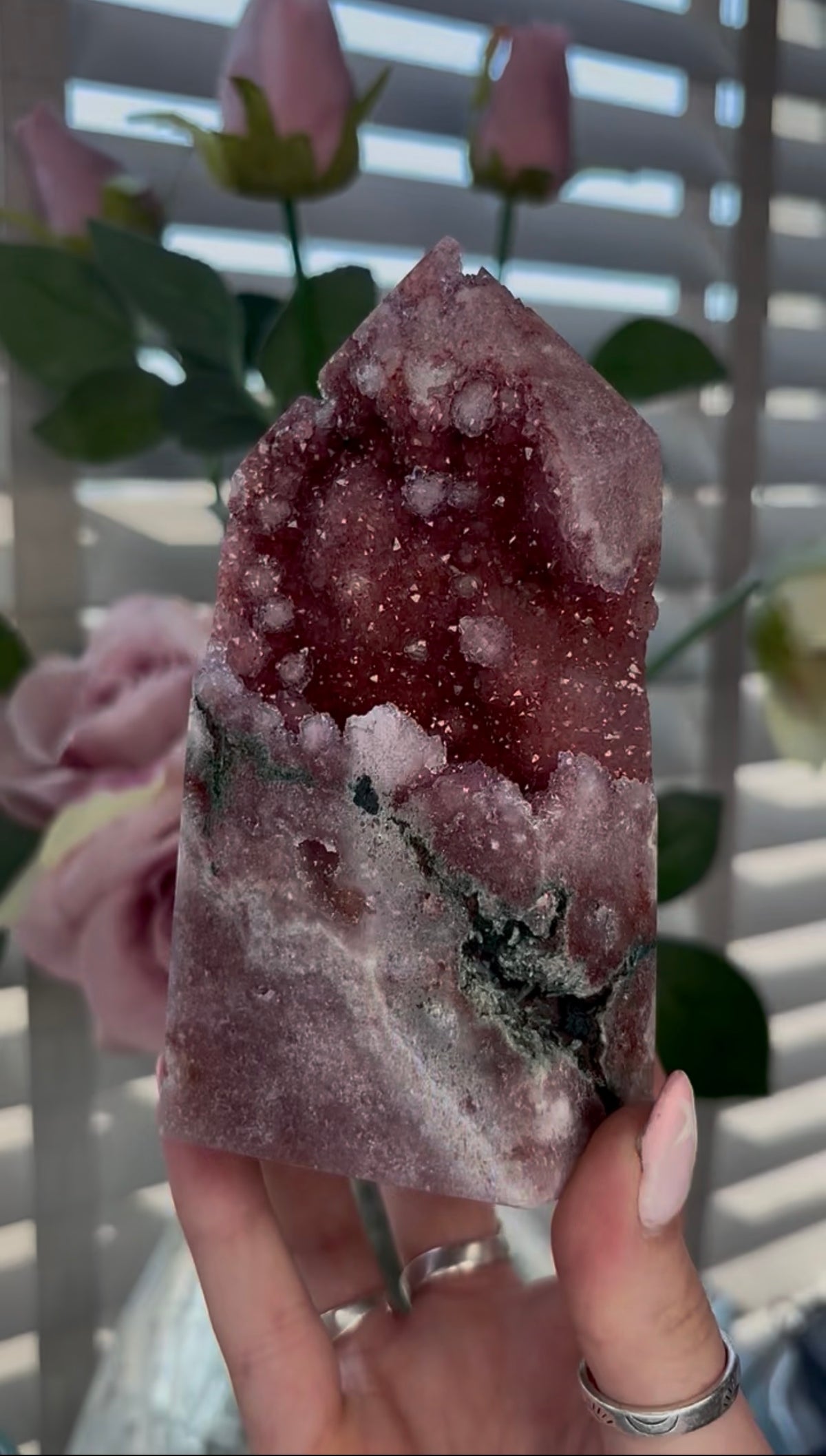 Beautiful, high quality, Pink amethyst tower with deep pink/reddish sugar druzy & Green jasper 13.3cm by 7cm