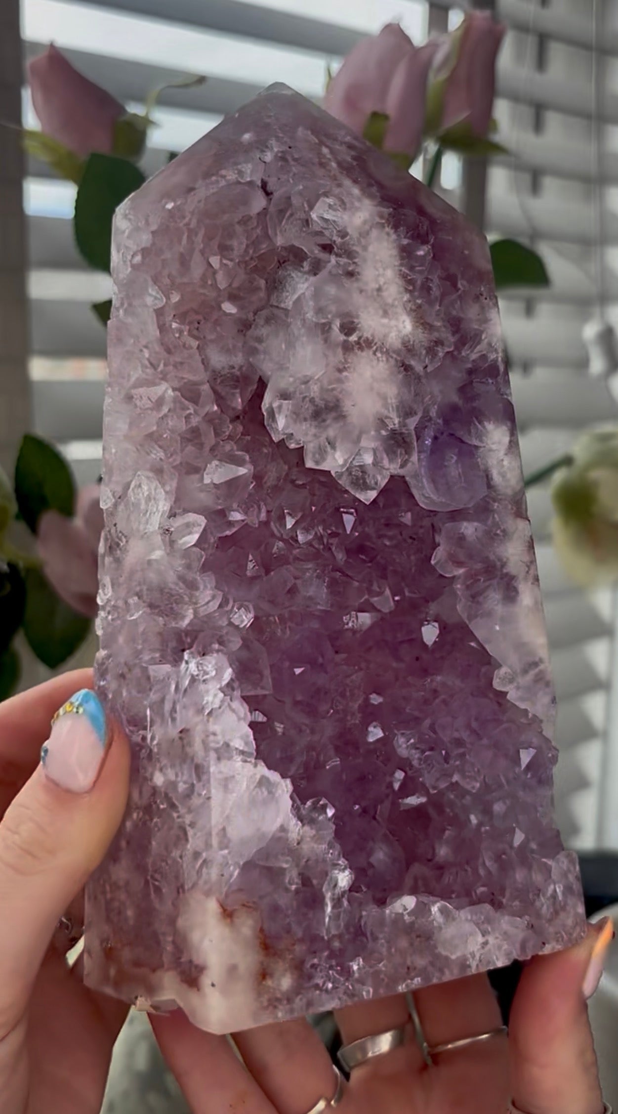 Beautiful, large, high quality, Pink amethyst tower with lilac tone quartz 20.5cm by 11cm