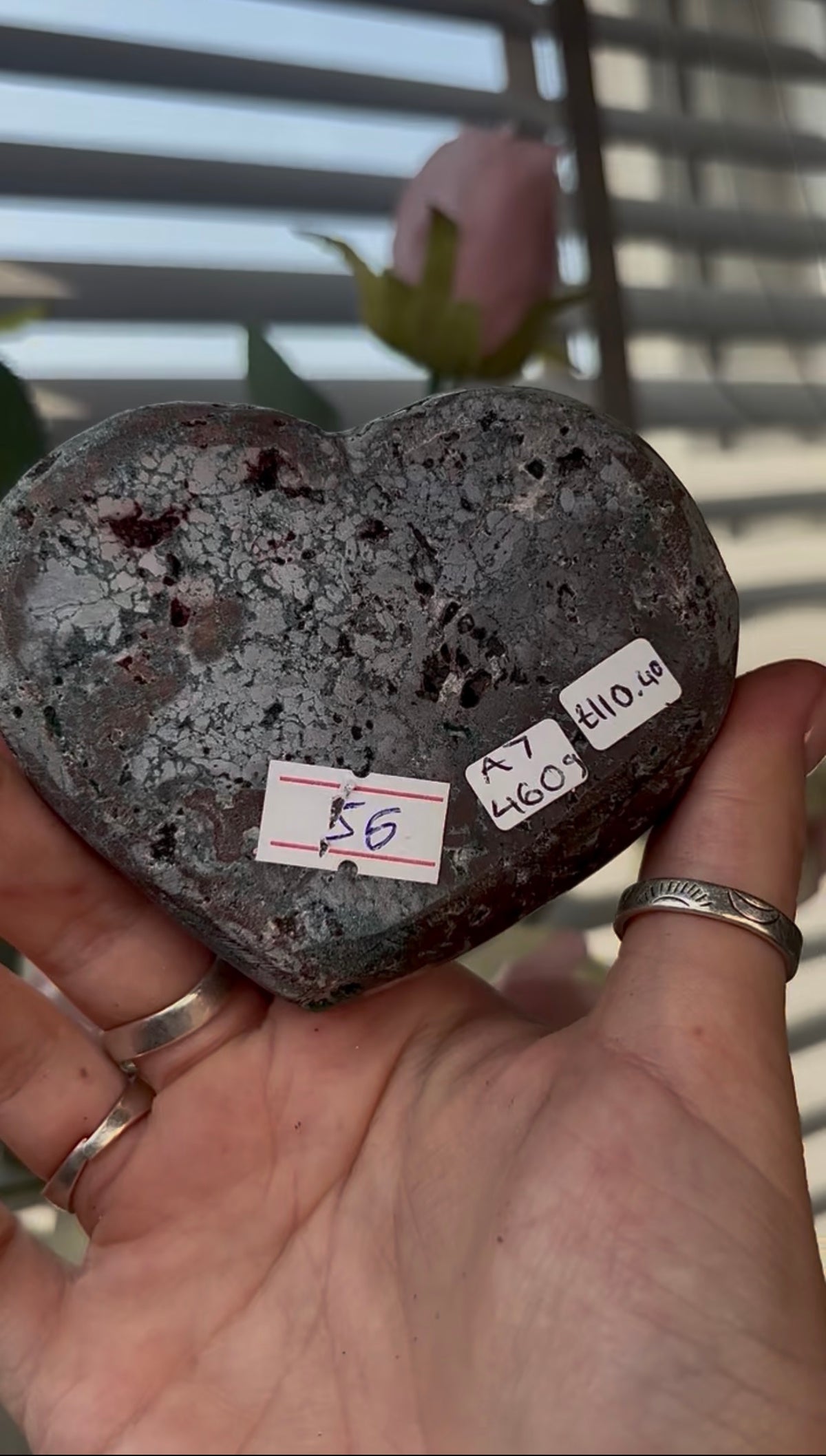 Gorgeous, high quality, pink amethyst heart with Jasper - comes with stand