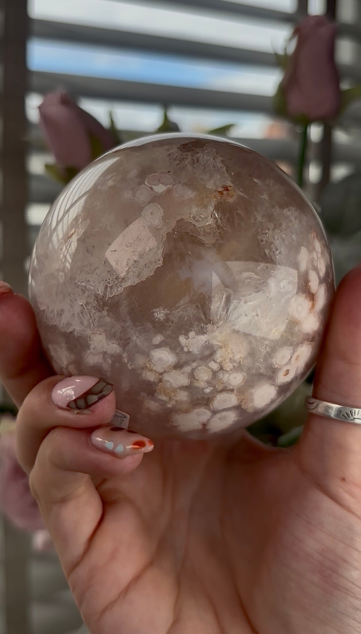 High grade, amethyst Flower agate sphere with high clarity quartz 8.5cm