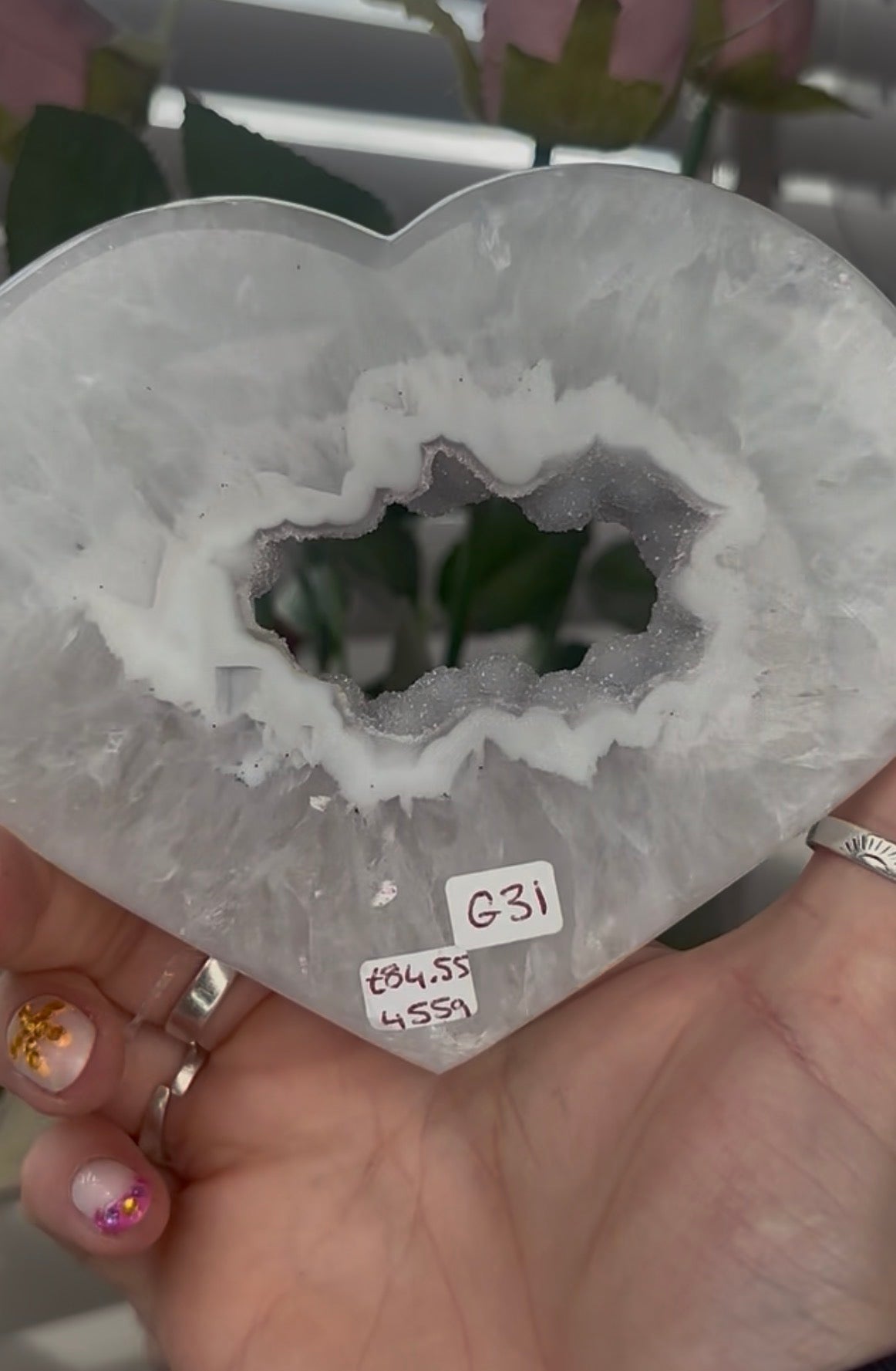 Beautiful, high quality, agate heart with druzy - stand included