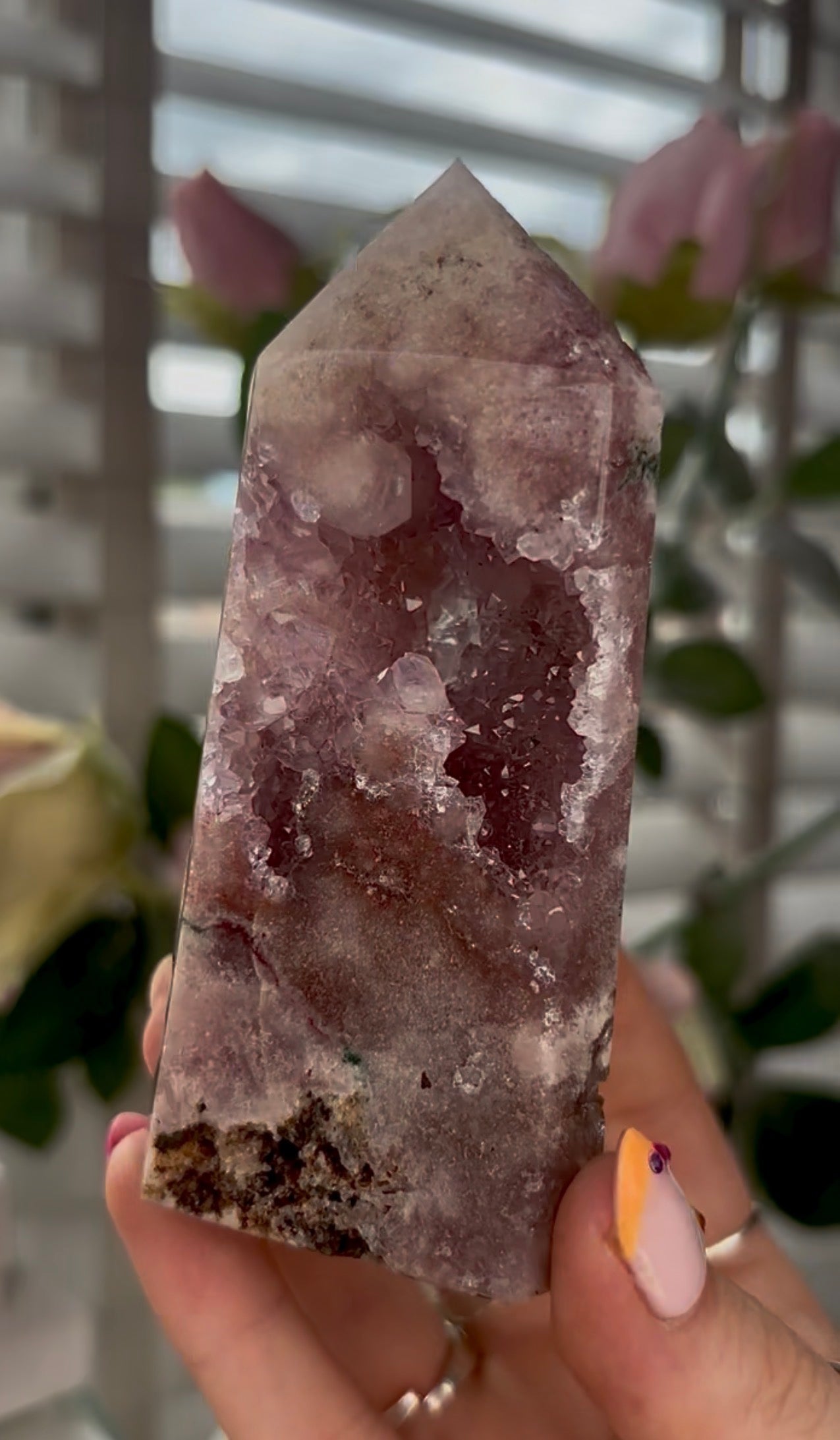 Pretty, Pink amethyst tower with Druzy