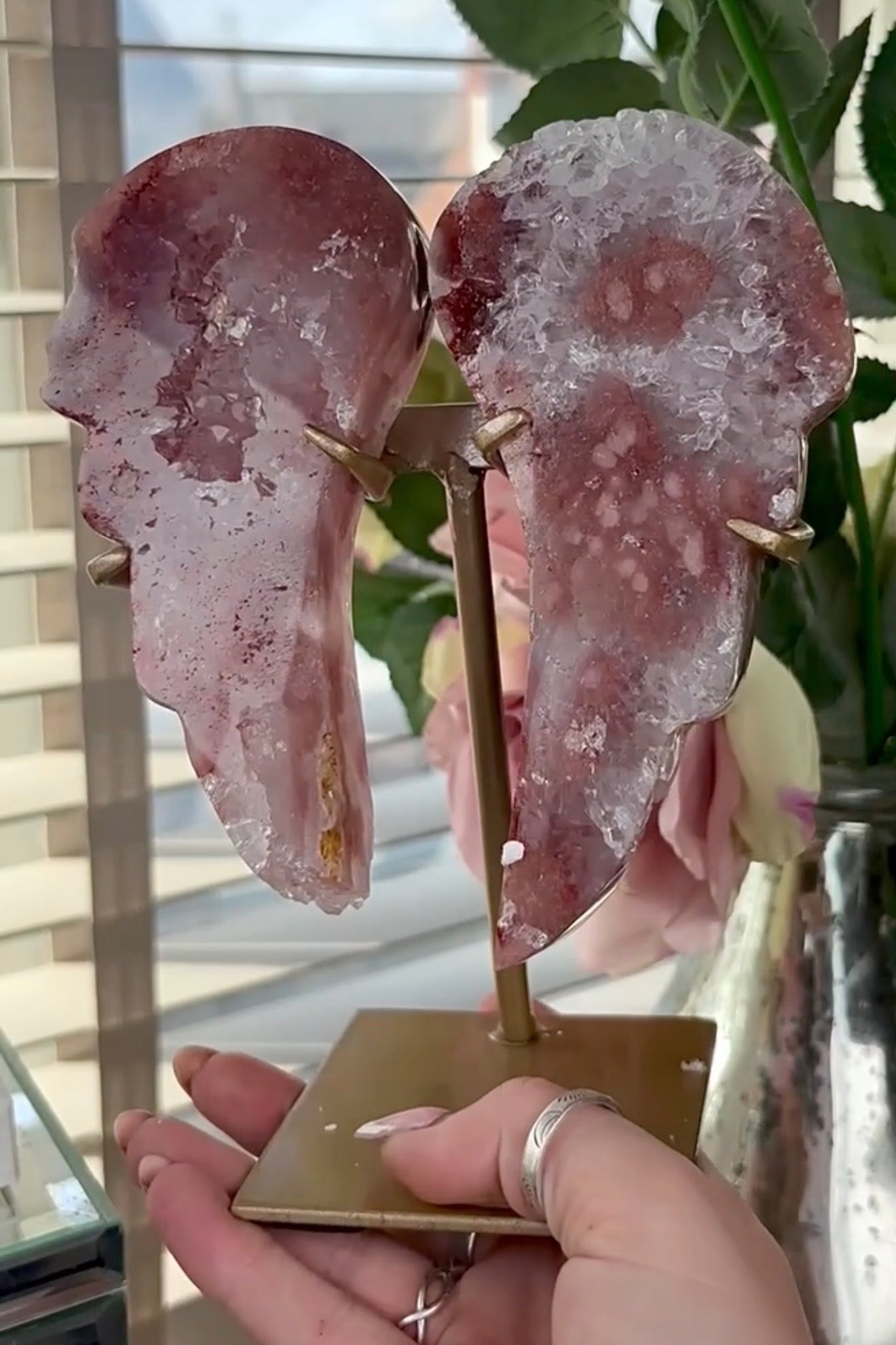 High quality, pink amethyst wings in reddish/deep pink tone - comes with stand
