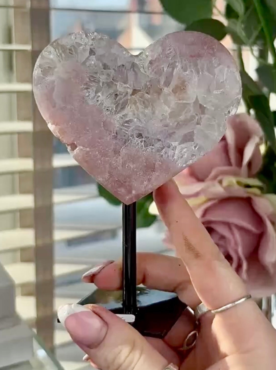 High quality pink amethyst heart with quartz - comes with stand