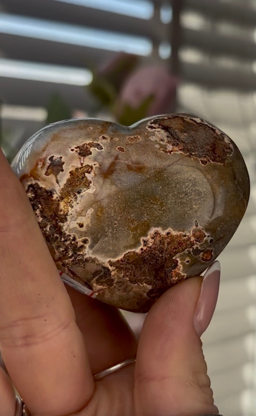 Uruguay, rainbow amethyst heart in rusty tone - comes with stand