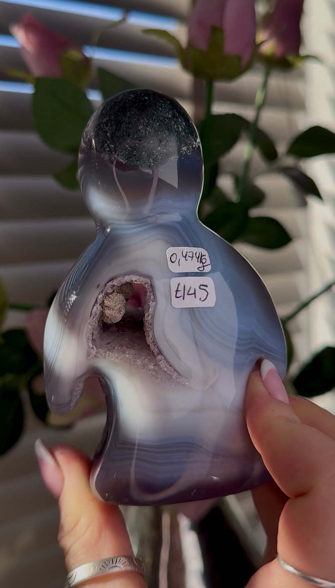 Beautiful, high grade, cute, agate penguin with druzy belly