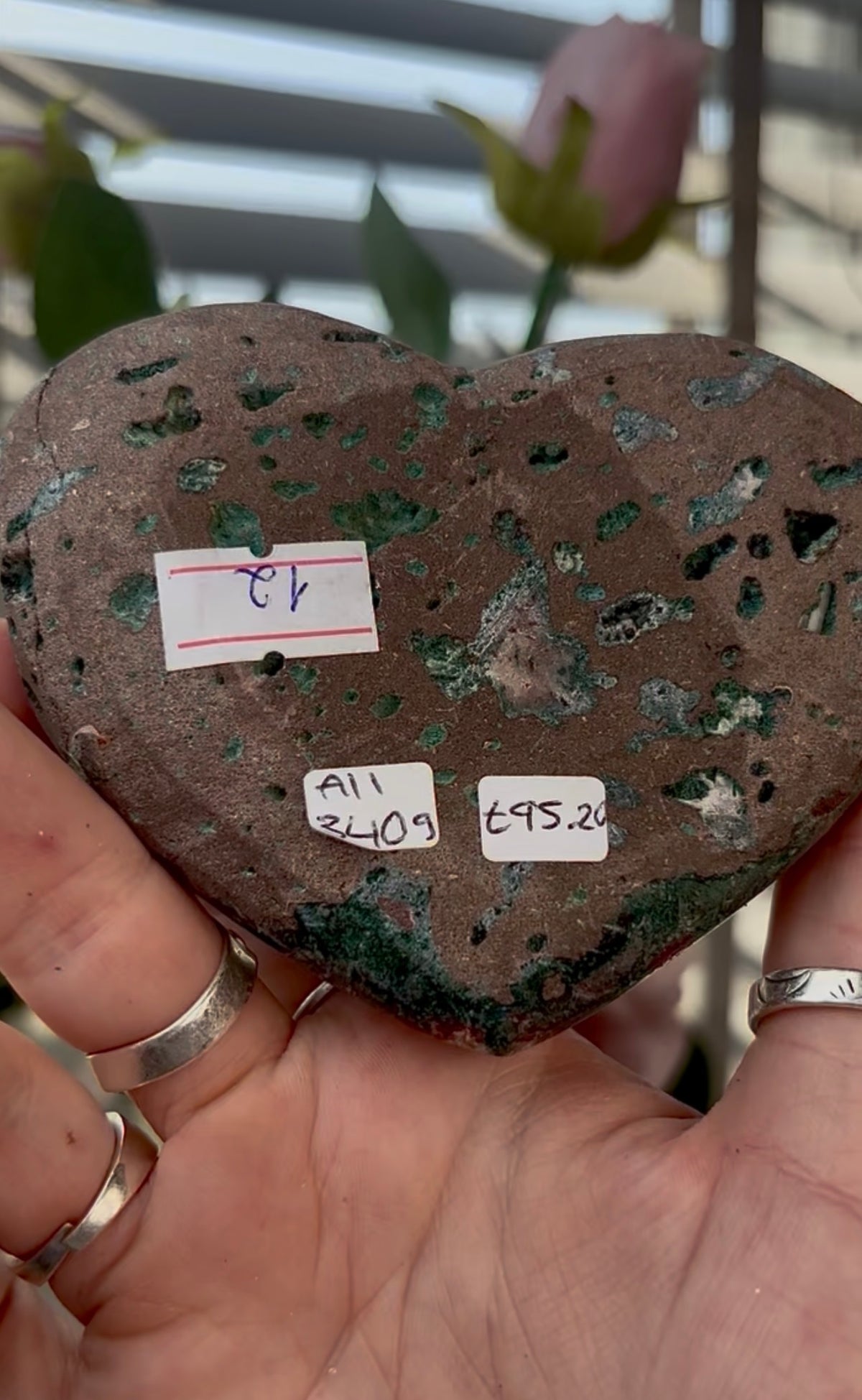Gorgeous, high quality, pink amethyst heart with Jasper - comes with stand