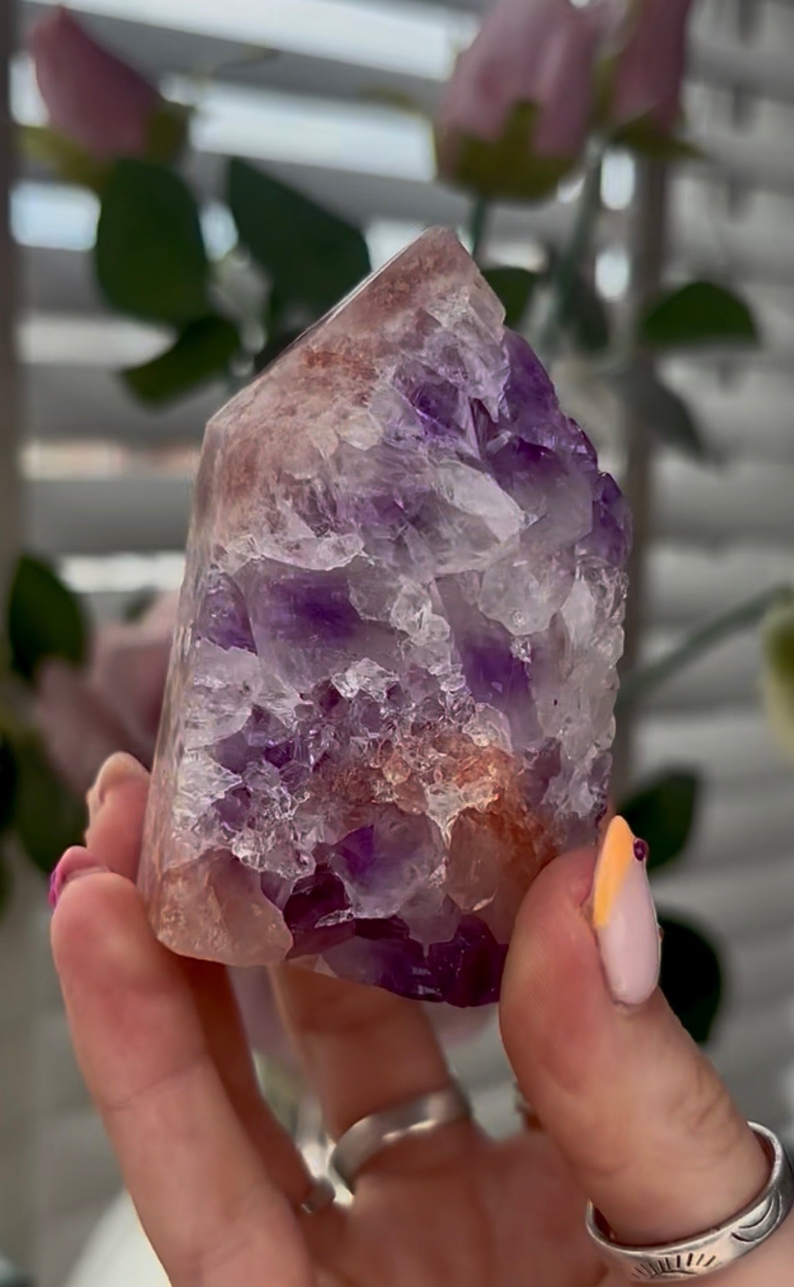 High quality, Pink amethyst tower, with purple quartz druzy