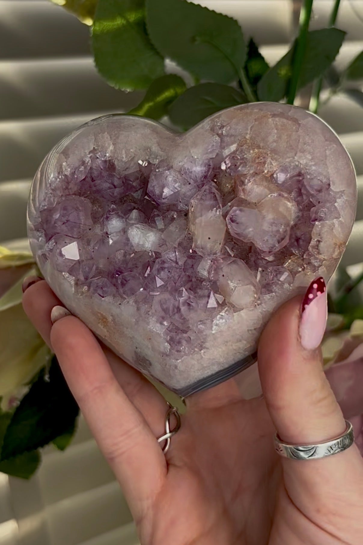Gorgeous pink amethyst heart with agate and chunky bubble gum Druze - comes with stand