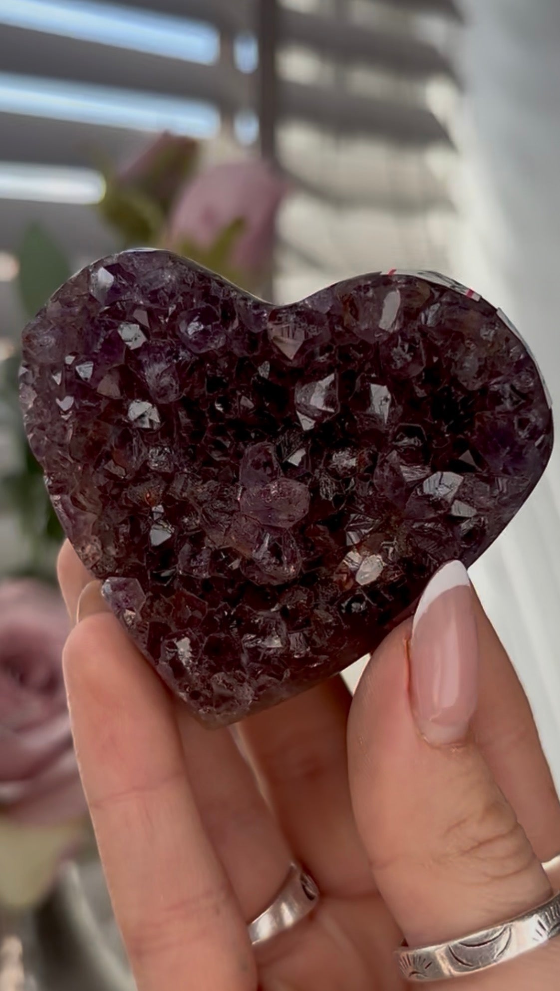 Uruguay, rainbow amethyst heart In berry tones - comes with stand