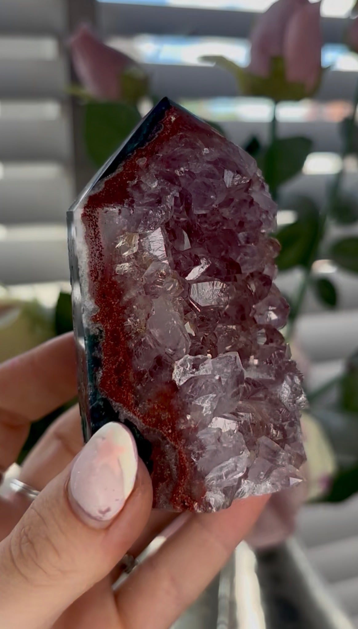 Beautiful, high quality, Pink amethyst tower with red quartz druzy on a Green jasper back