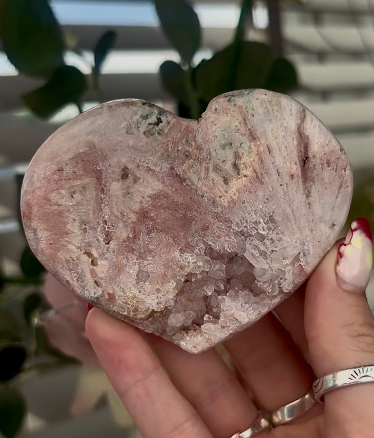 pink amethyst heart with rutile - comes with stand