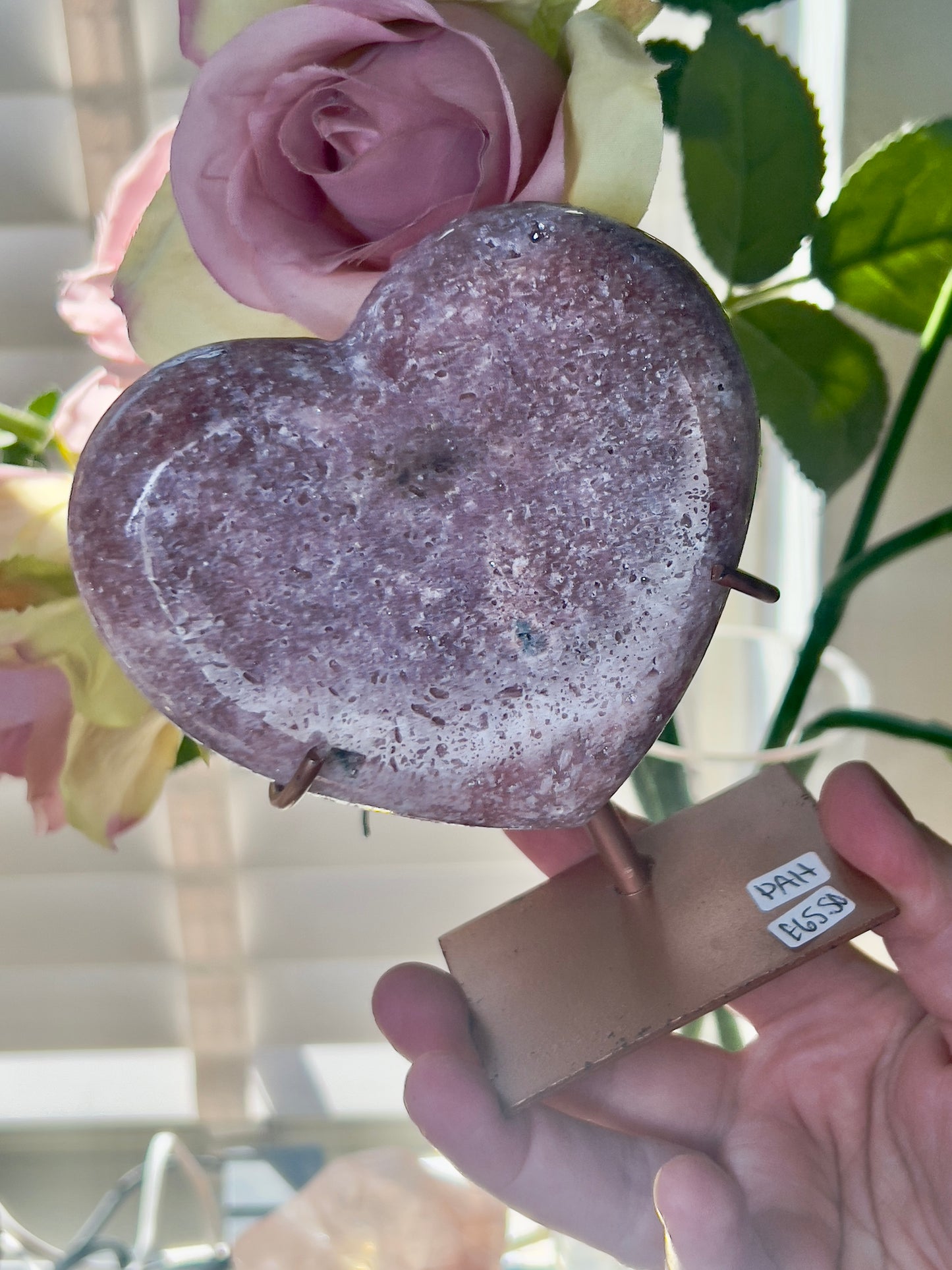 pink amethyst heart - comes with stand