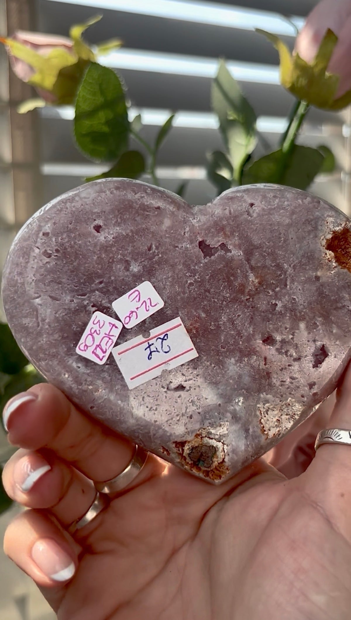 Gorgeous, pink amethyst heart- comes with stand