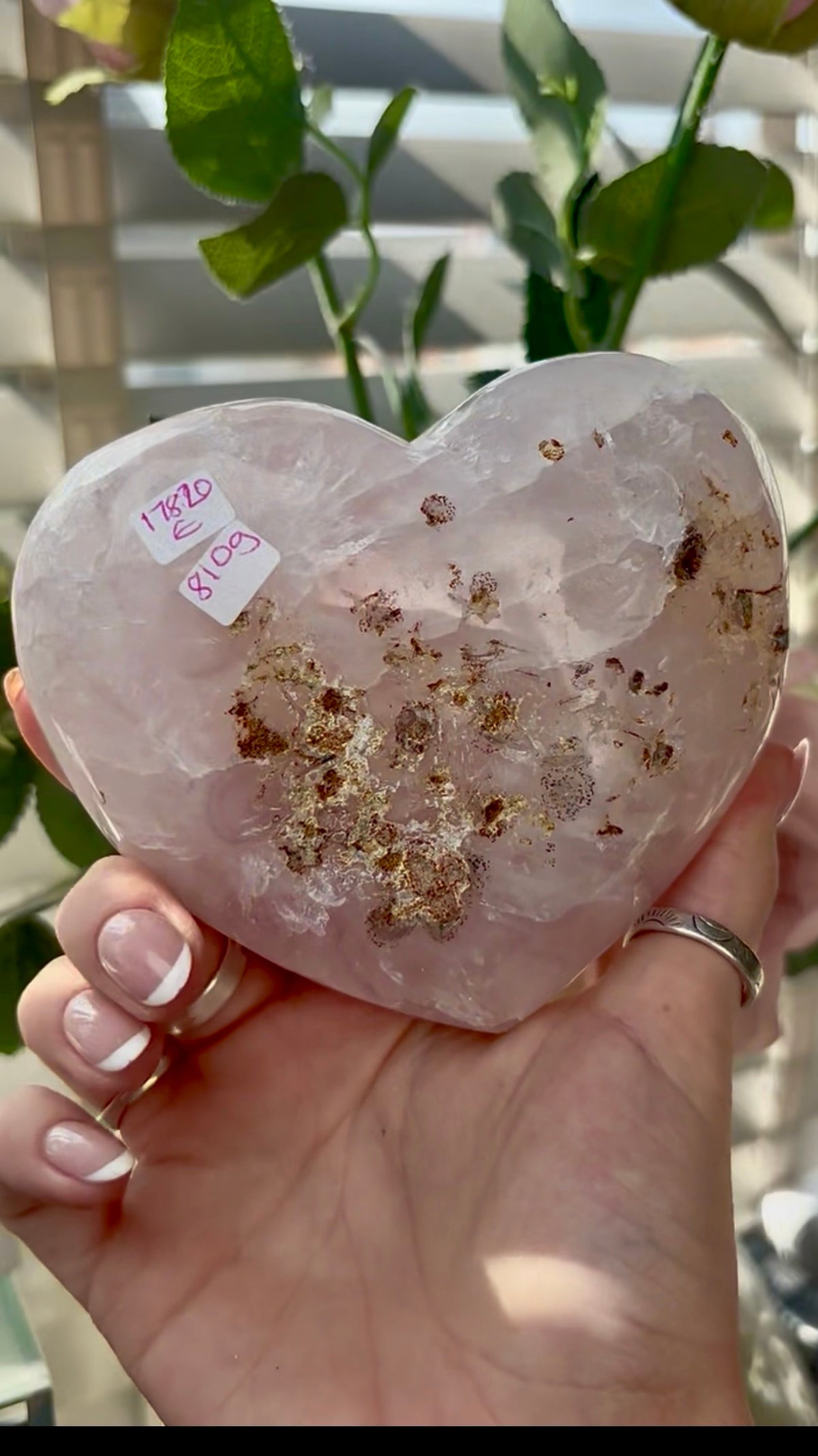 Gorgeous, pink amethyst heart- comes with stand
