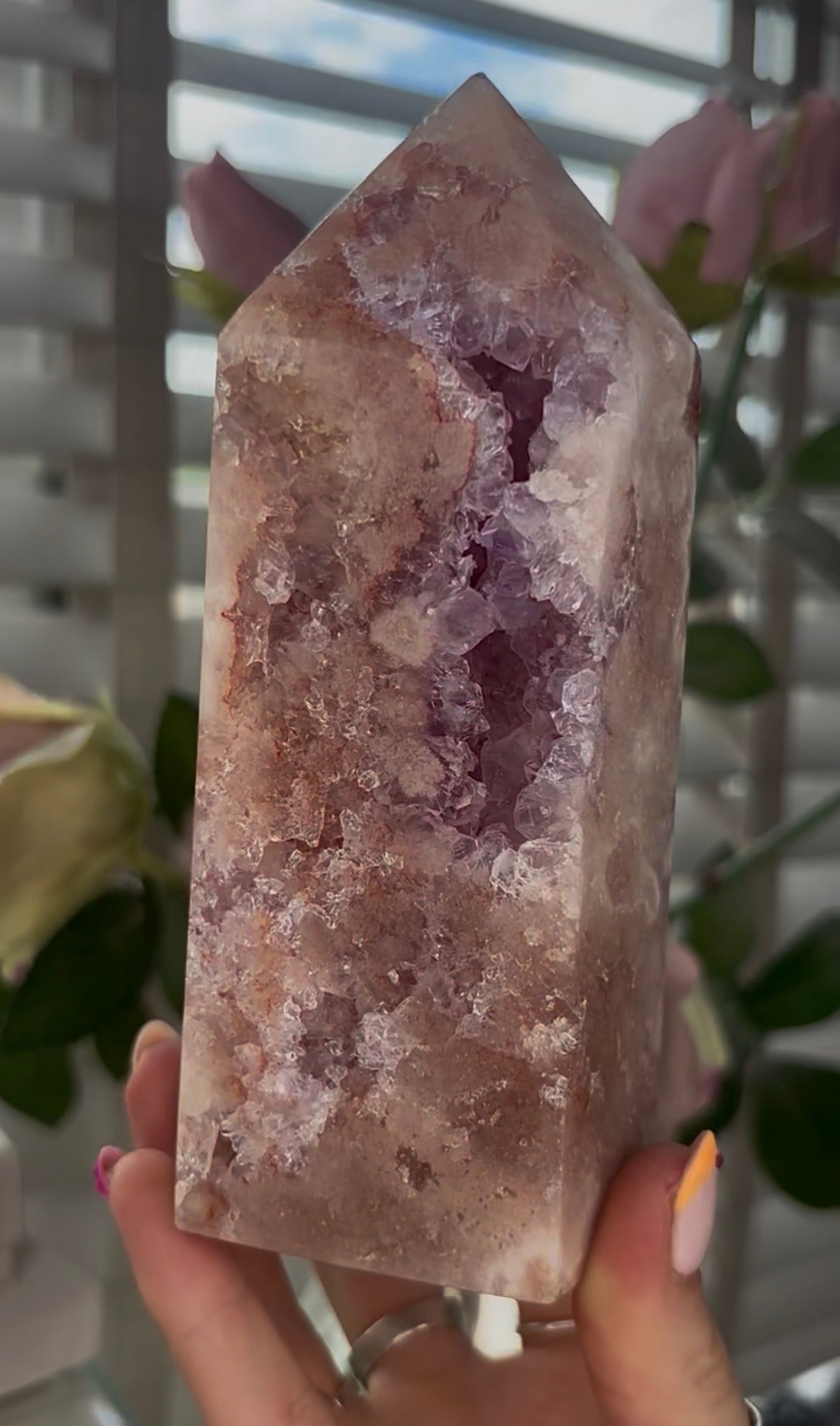 Beautiful Large, Pink amethyst tower with quartz druzy