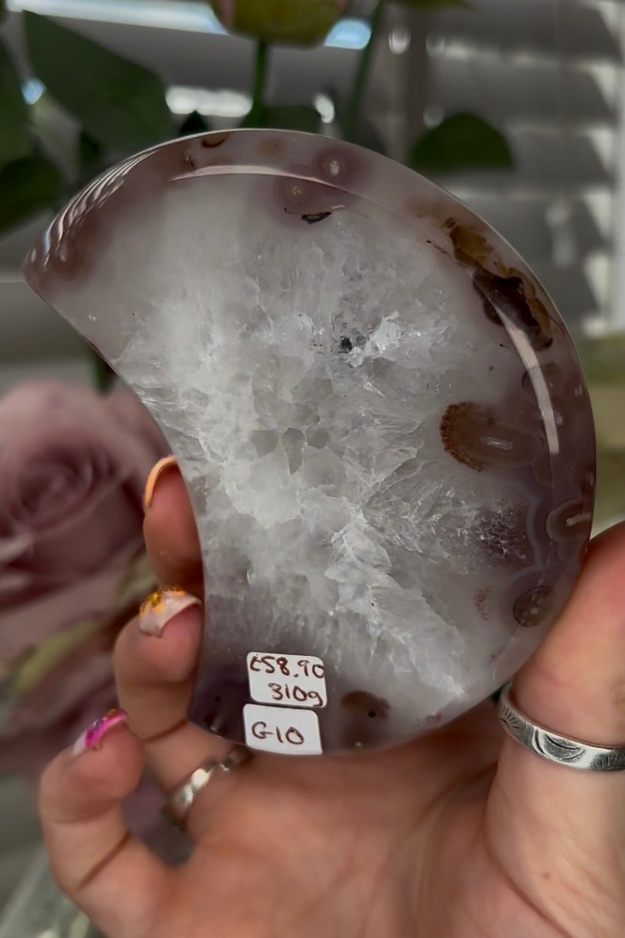 Beautiful, high quality, agate moon with druzy - stand included