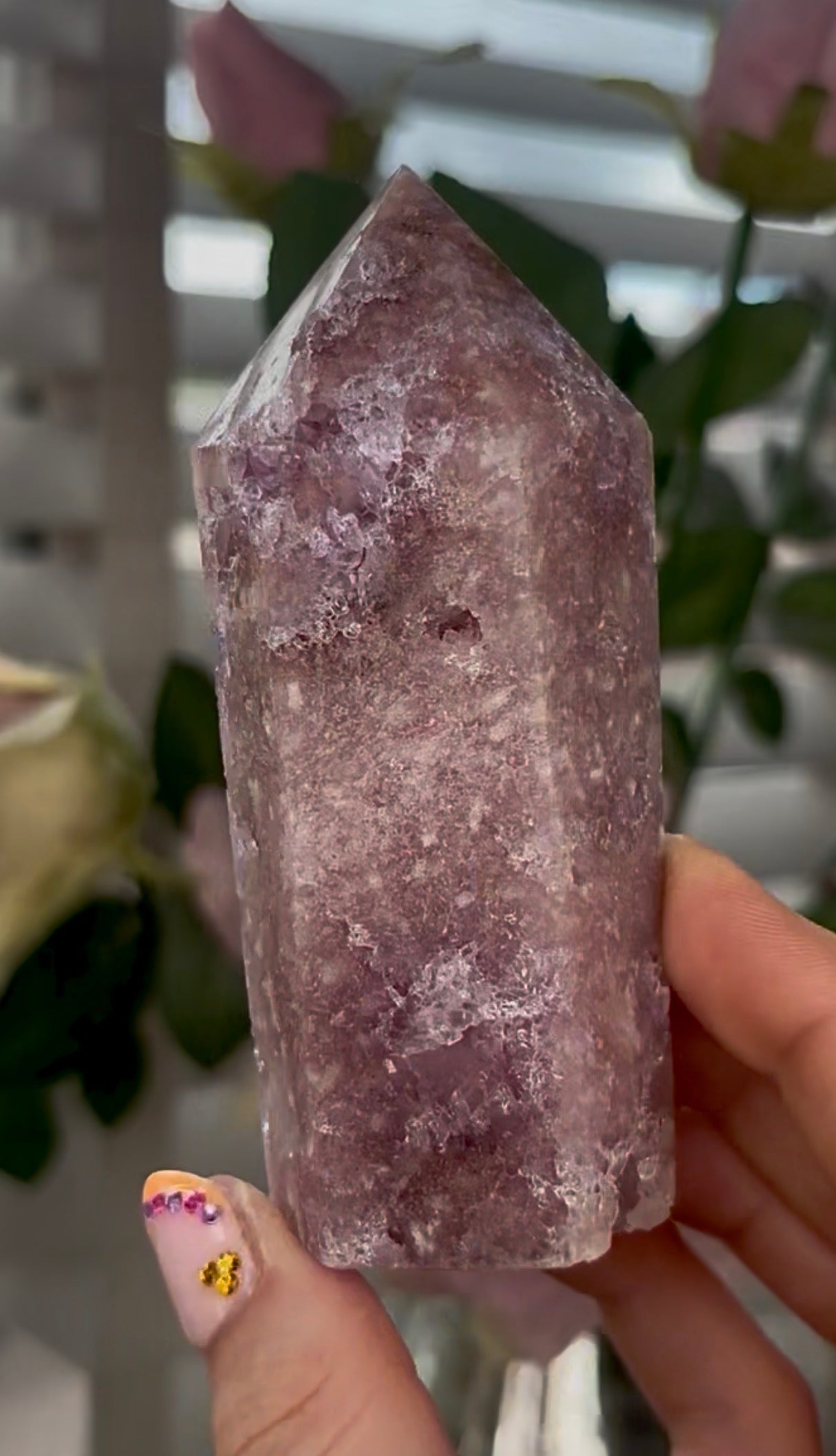 Pretty, Pink amethyst tower, with lilac quartz druzy