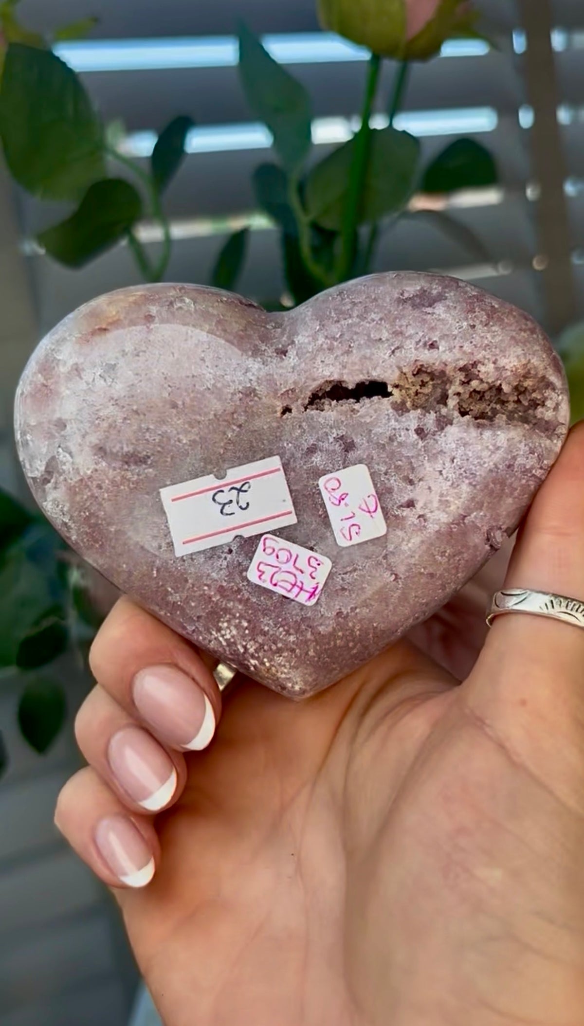 Gorgeous, pink amethyst heart - comes with stand