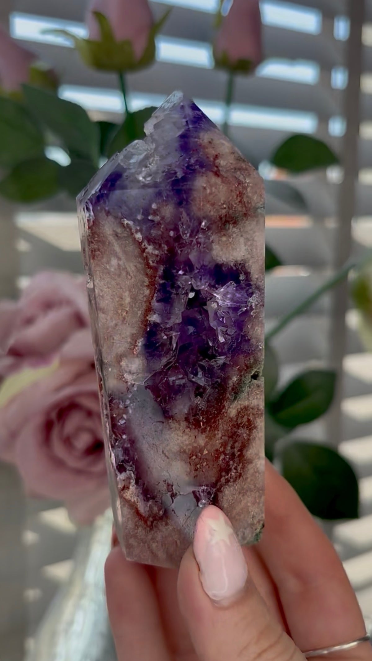 Beautiful, high quality, Pink amethyst tower with red hematite & purple quartz 11.5cm