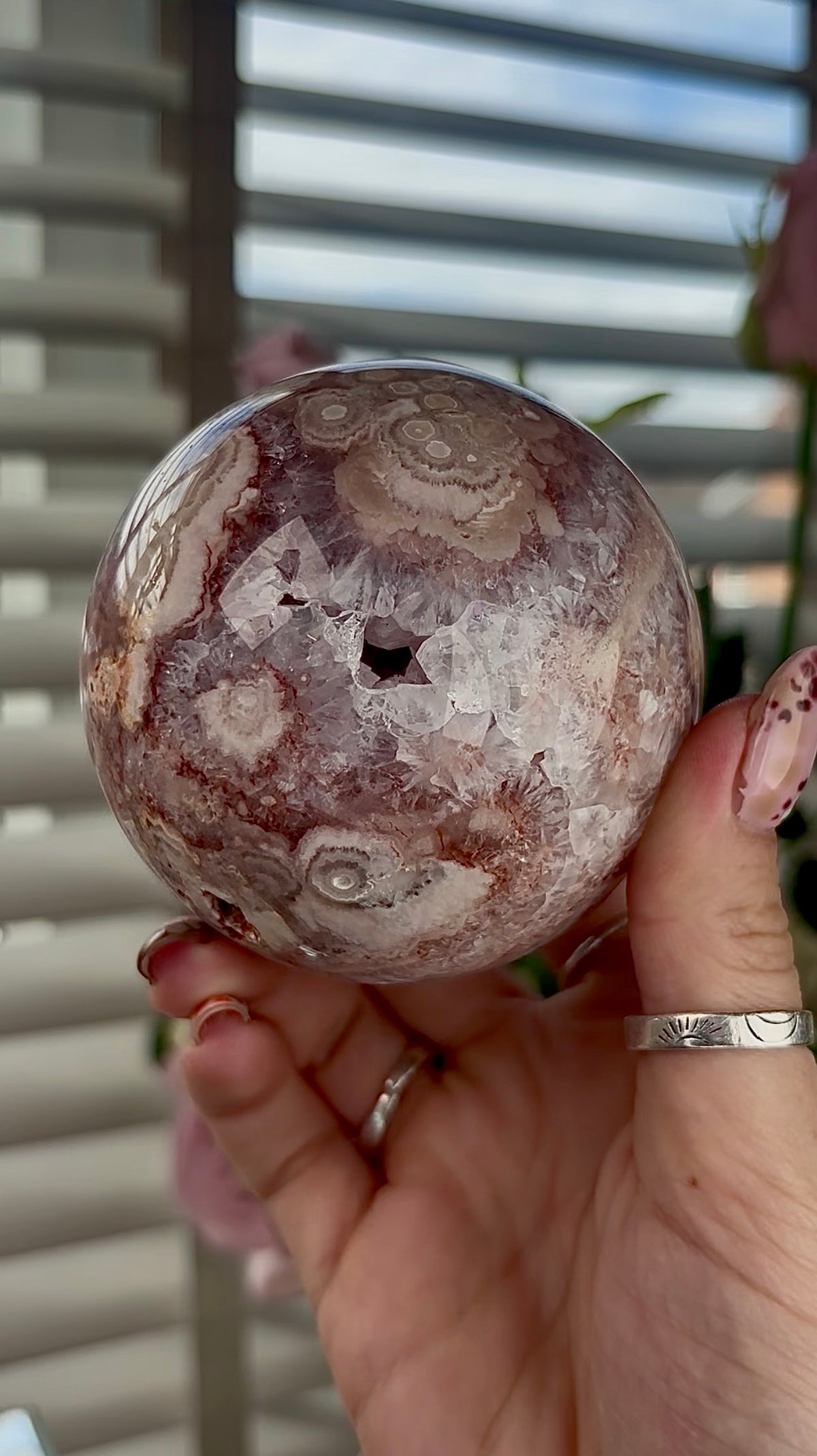 High grade, amethyst Flower agate sphere with high clarity quartz 8cm