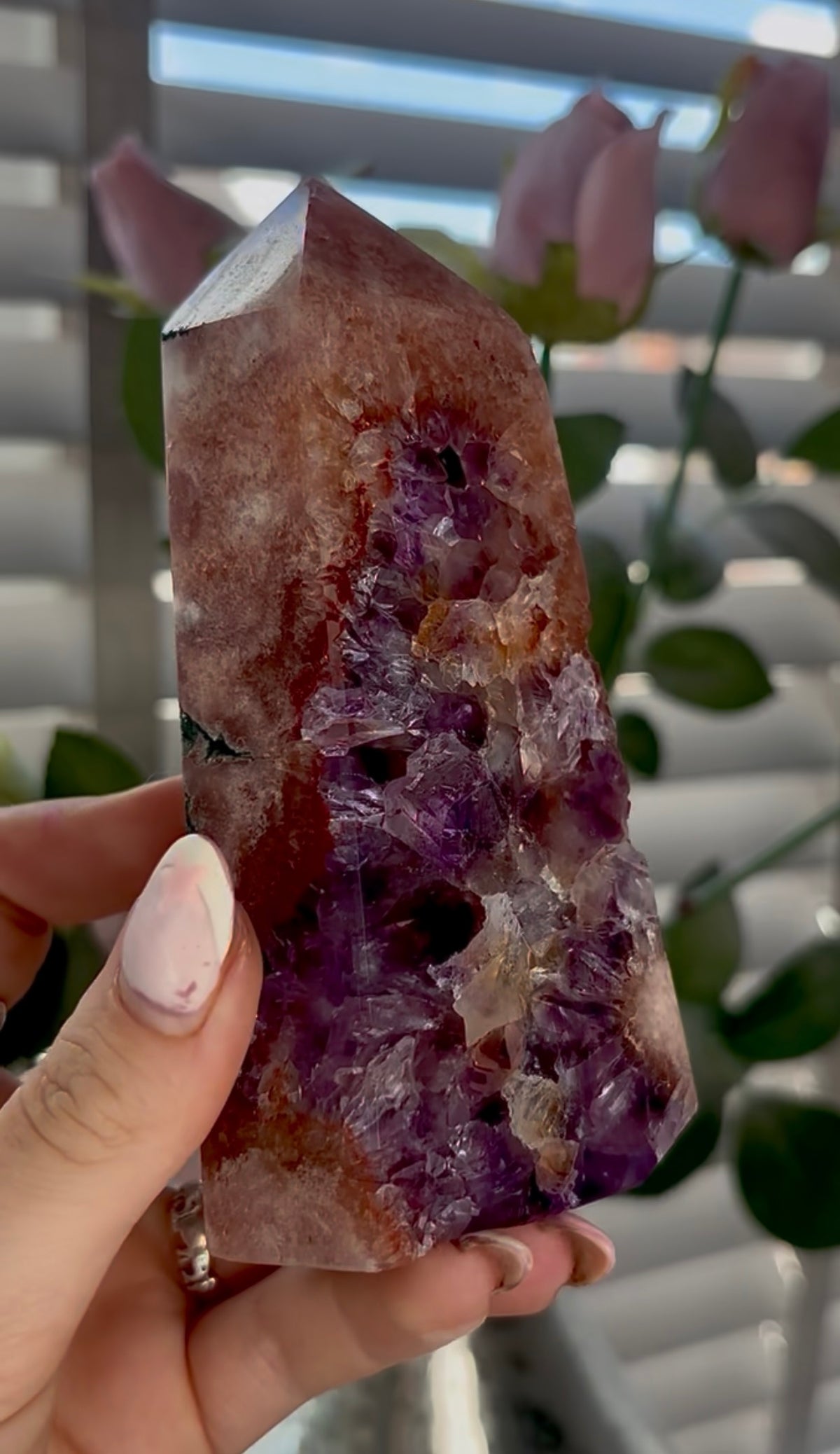 Beautiful, high quality, Pink amethyst tower with purple quartz