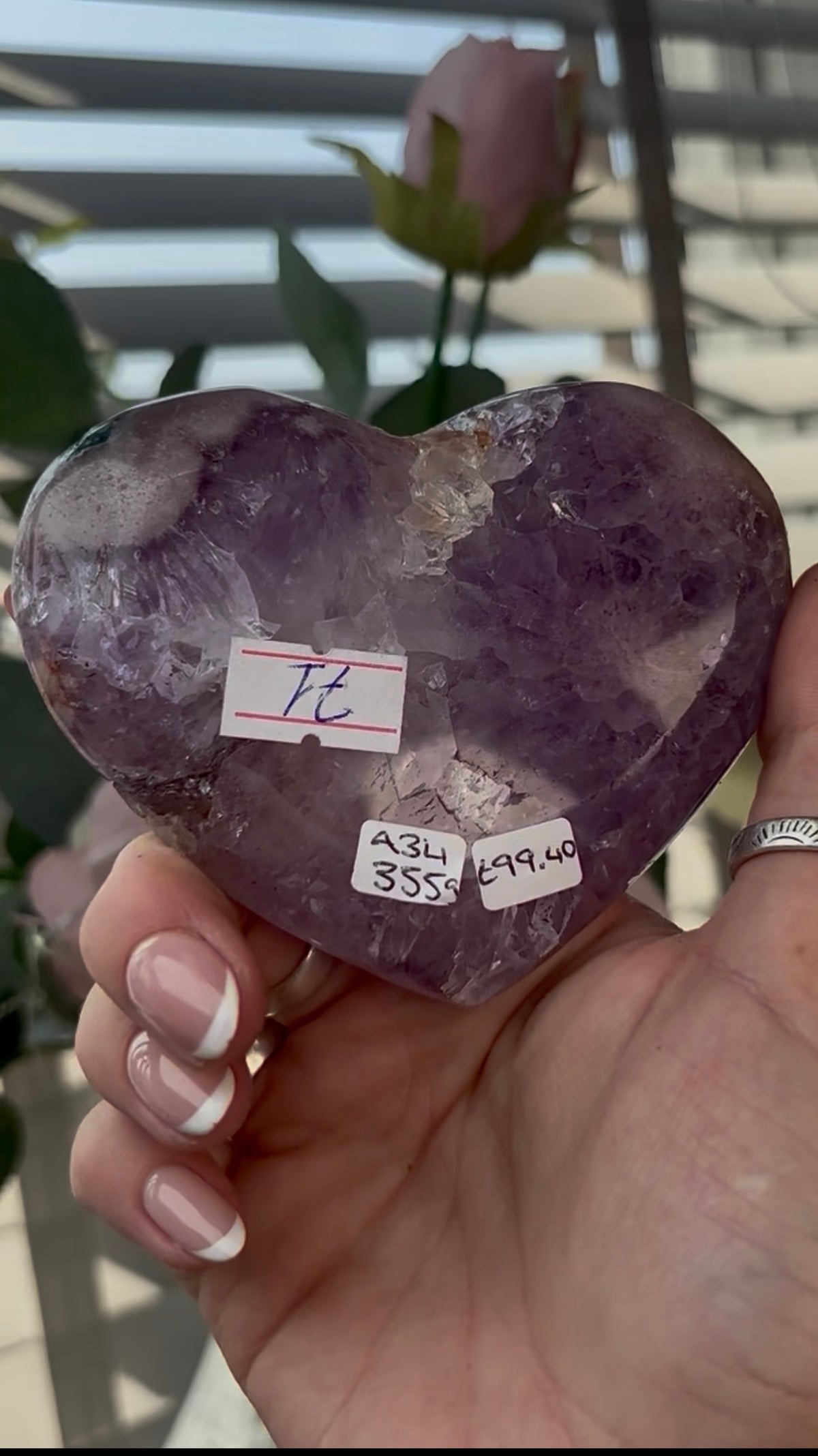 Gorgeous, high quality, pink amethyst heart with purple quartz - comes with stand