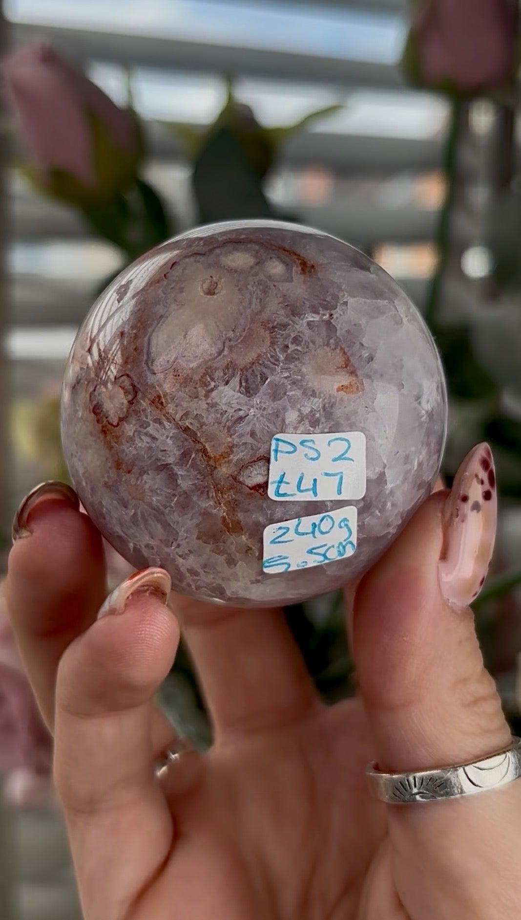 High grade, amethyst Flower agate sphere with high clarity quartz - 5.5cm