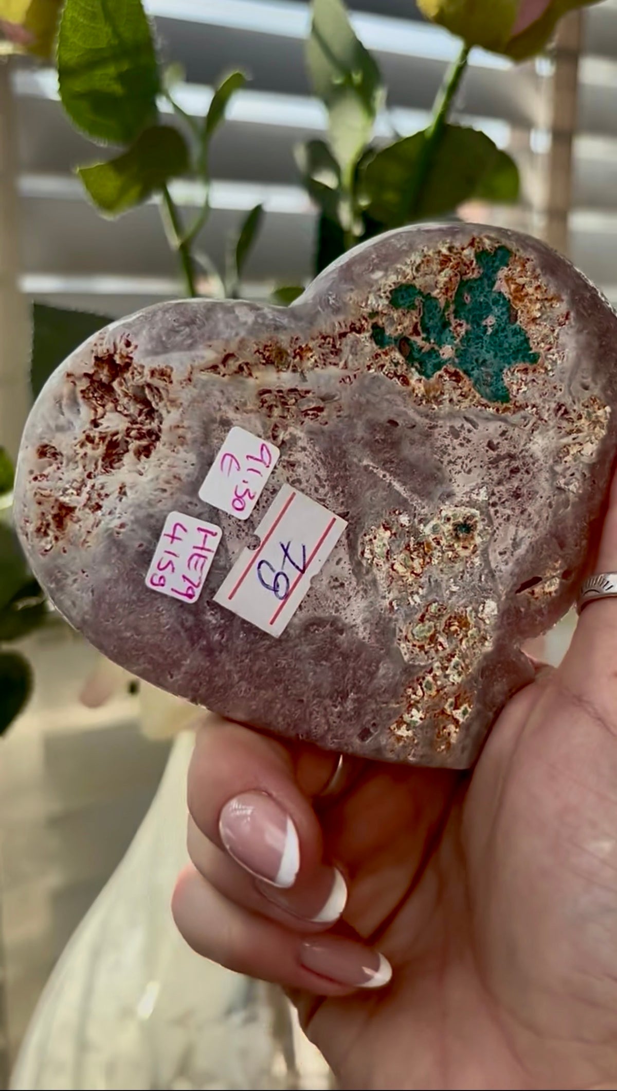 Gorgeous, pink amethyst heart- comes with stand