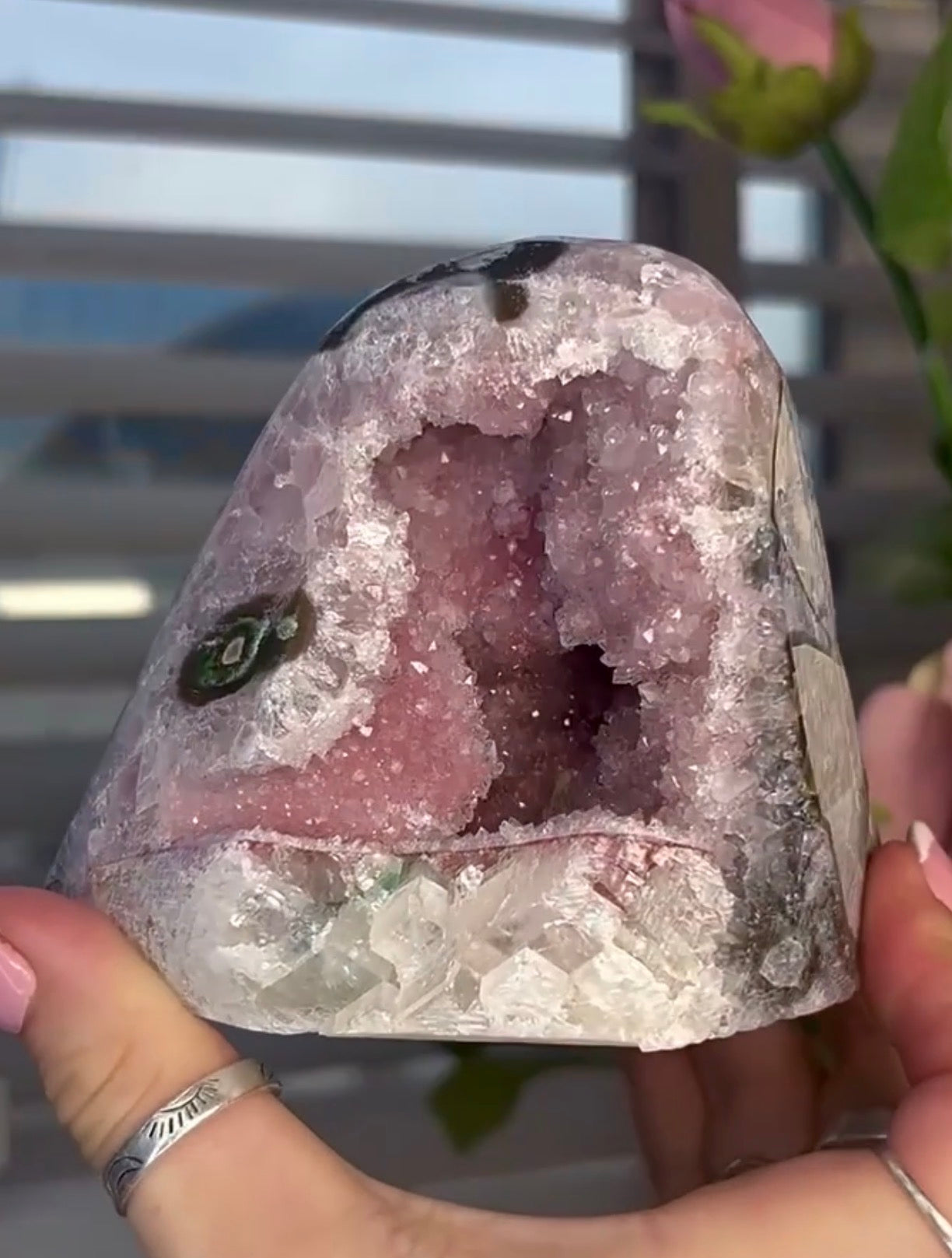 High quality, pink toned, rainbow amethyst on a calcite cutbase with stalactite eye