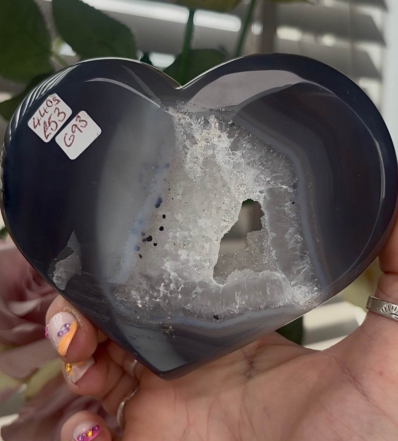 Beautiful, high quality, blue agate heart with druzy - stand included