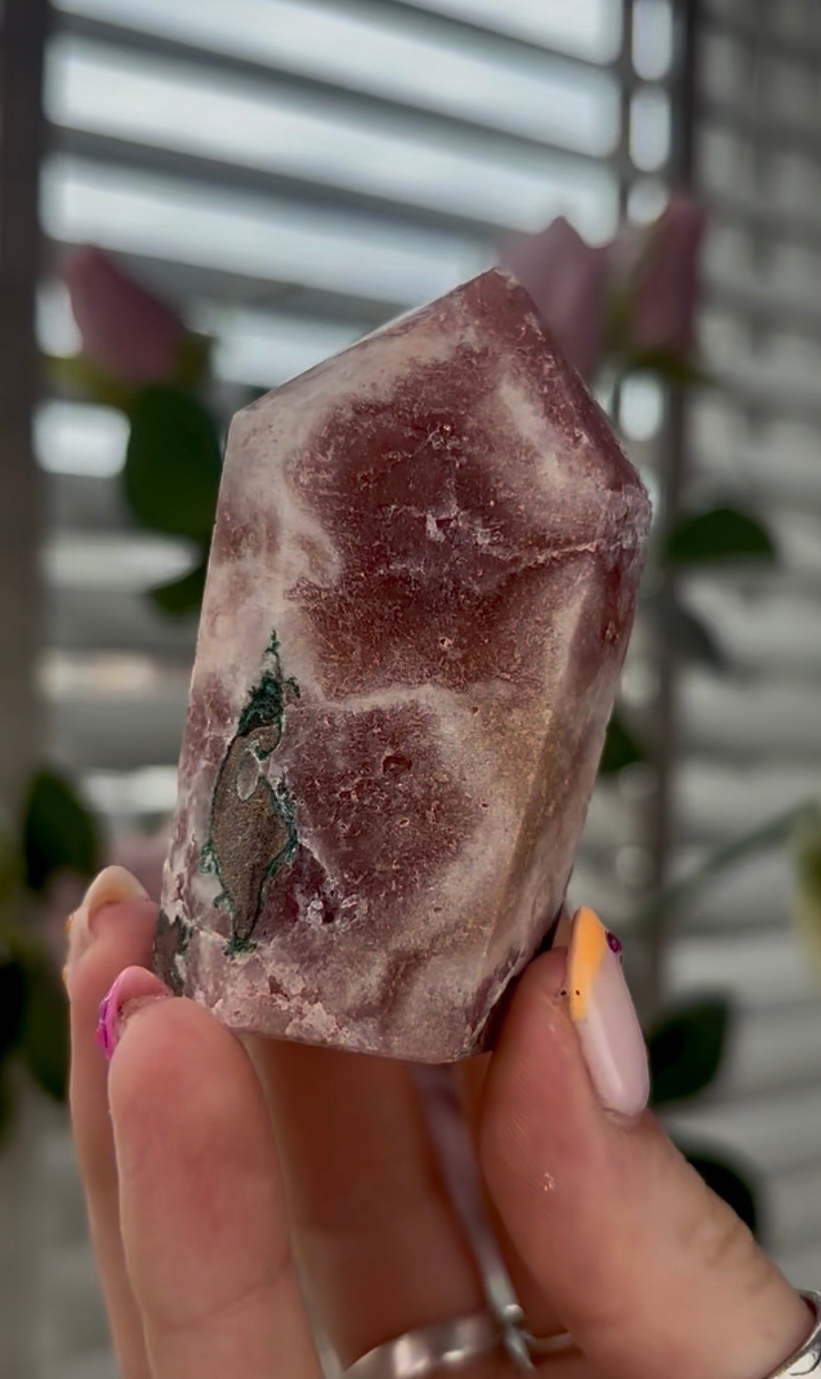 High quality, Pink amethyst tower, with quartz top & Green jasper