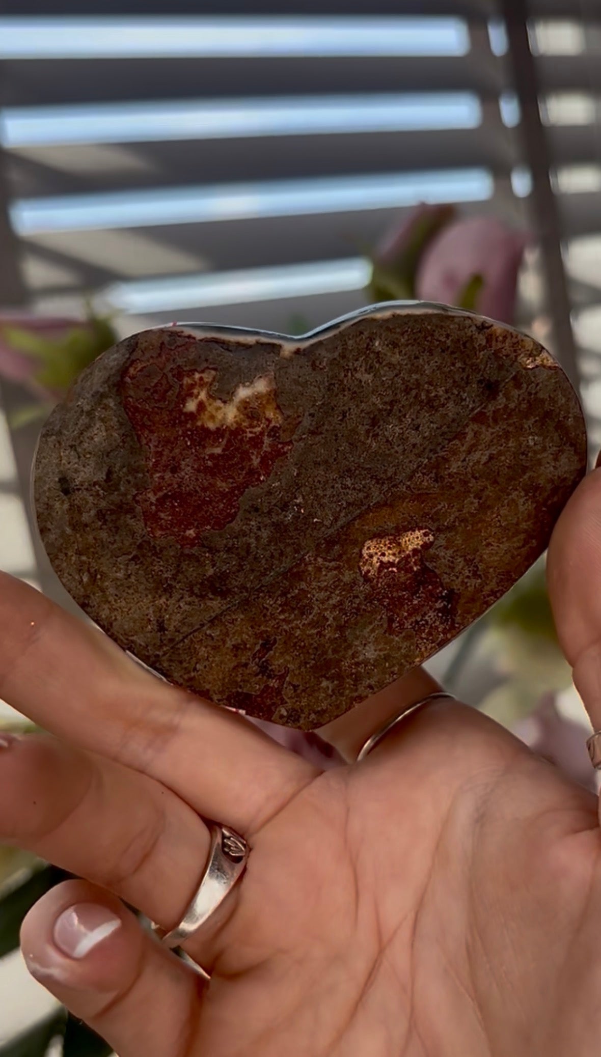Uruguay, rainbow amethyst heart in dark grey tones - comes with stand