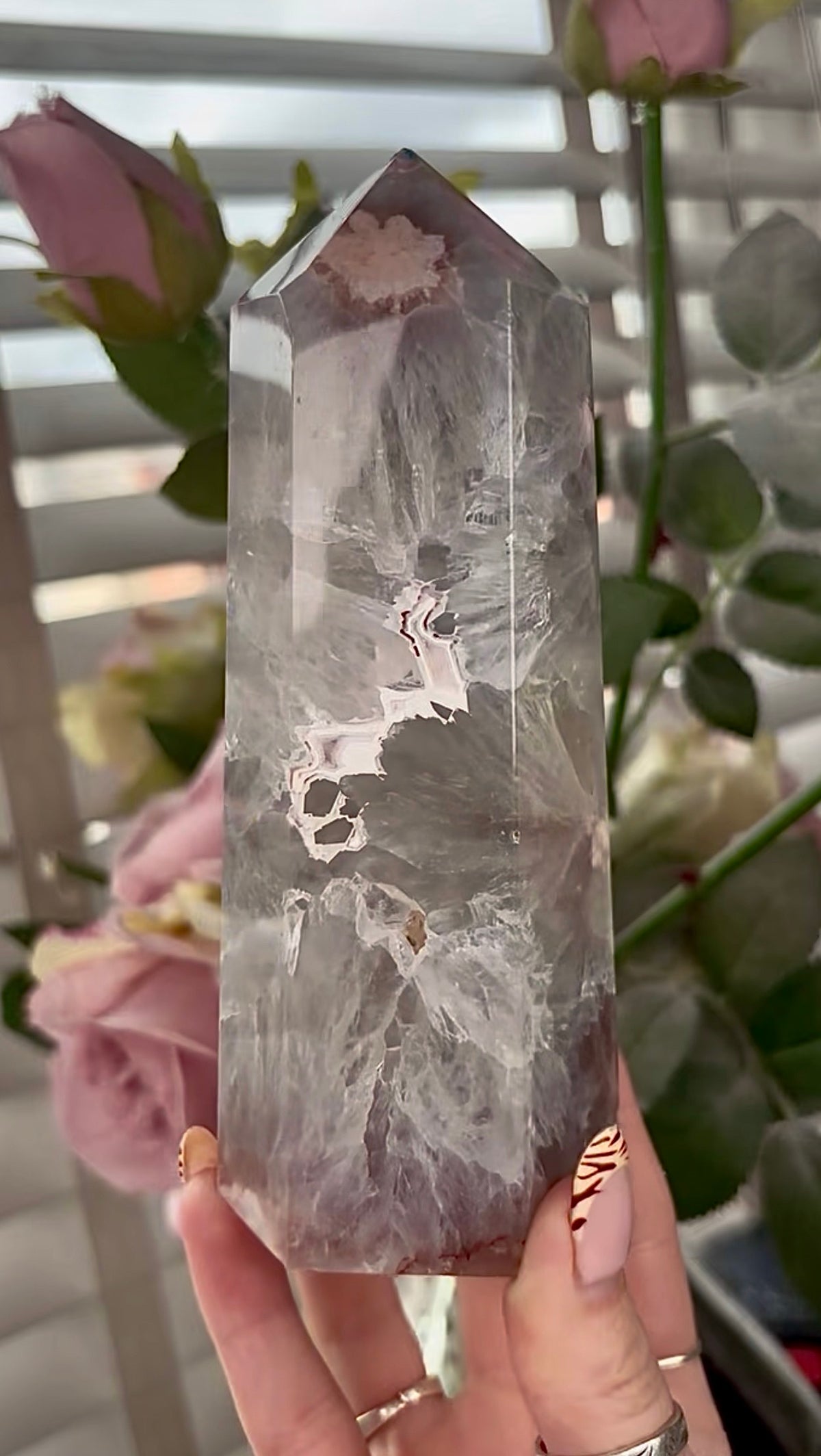 Stunning!! Super high quality, Druzy, green chlorite x blue flower agate tower