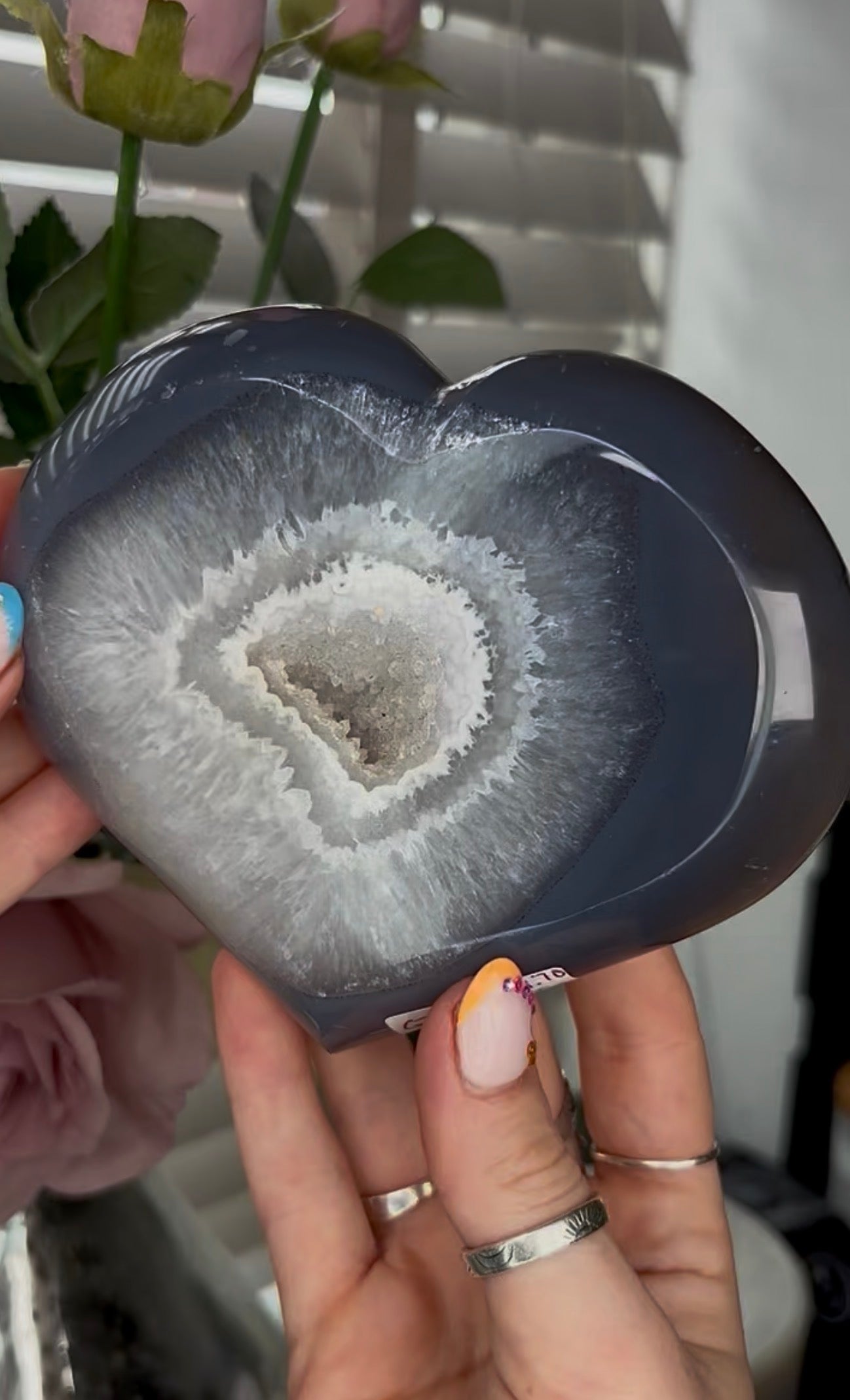Beautiful, high grade, blue agate heart with druzy - comes with stand