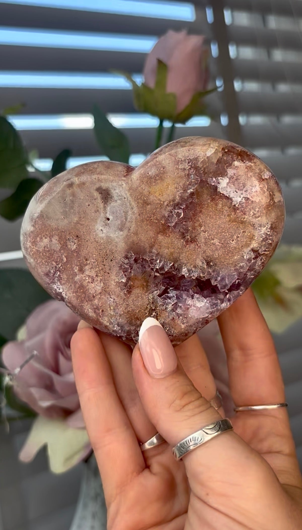 Gorgeous, pink amethyst heart - comes with stand