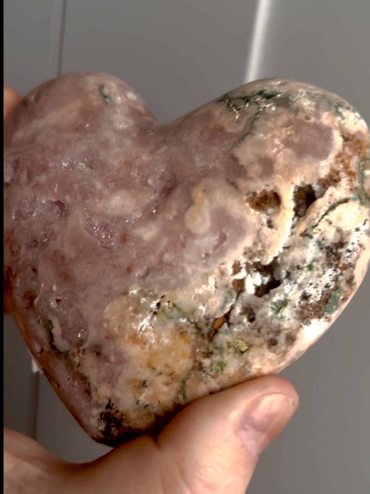 Perfect pink, polished, pink amethyst heart with jasper