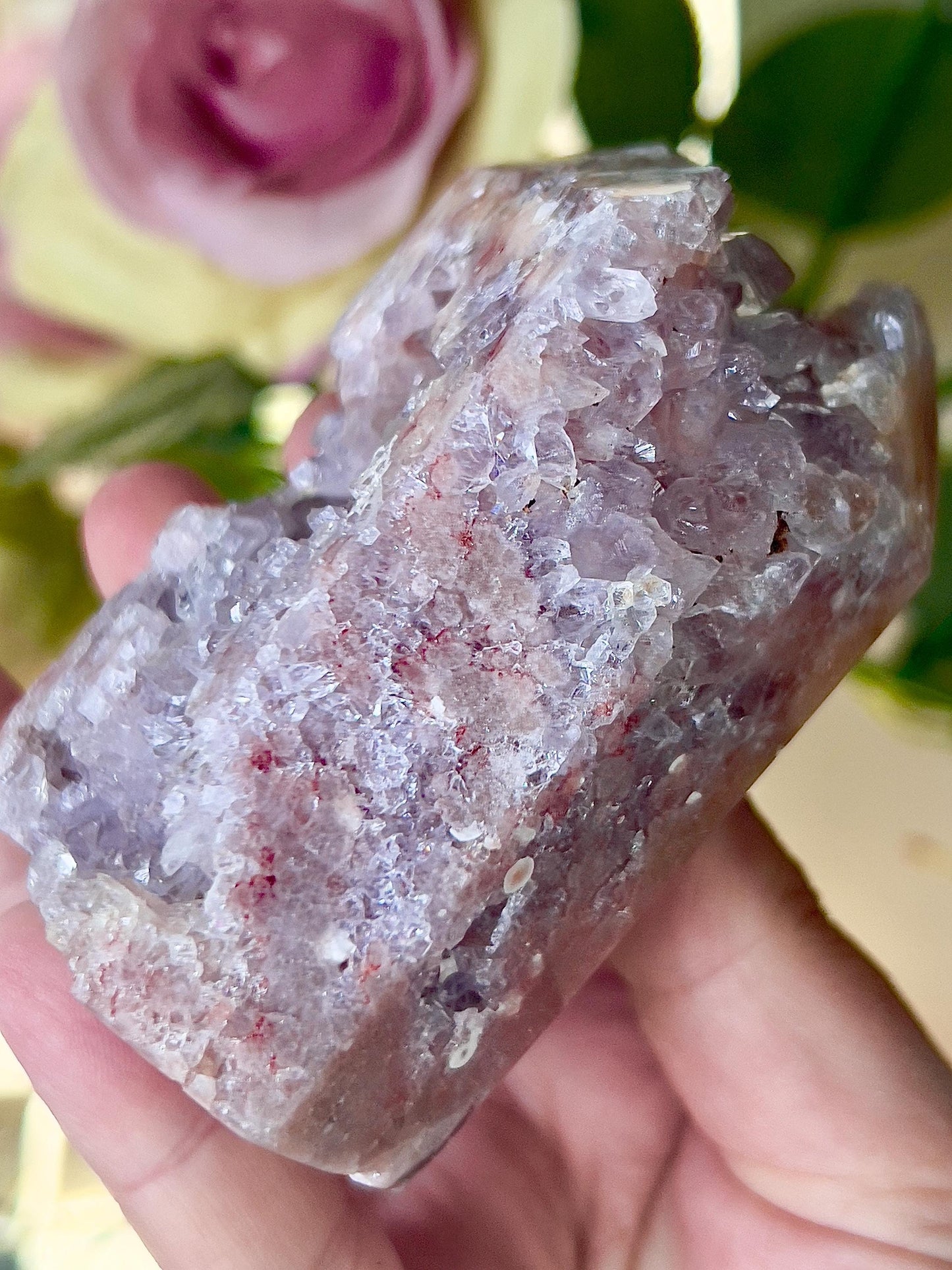 High grade, pink amethyst tower with high grade quartz druzy 370g