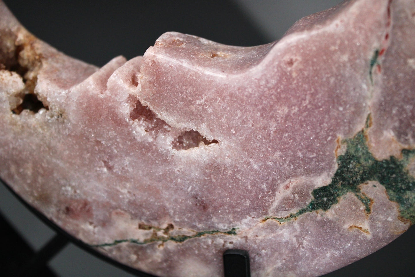 High quality, Pink amethyst, crescent moon with face, on stand from brazil with green jasper vein