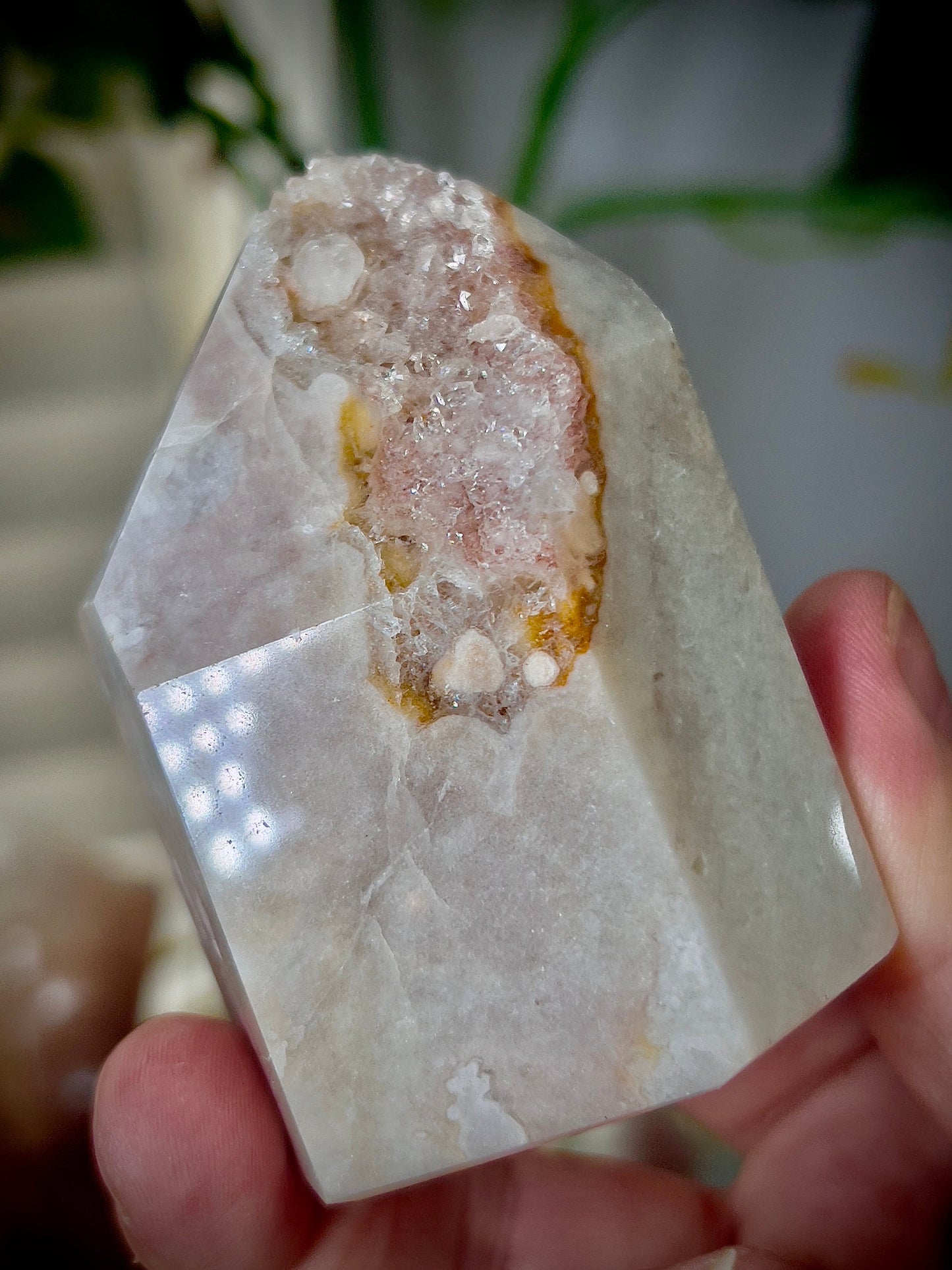 Stunning pink amethyst, tower with orange lining and high clarity quartz druzy