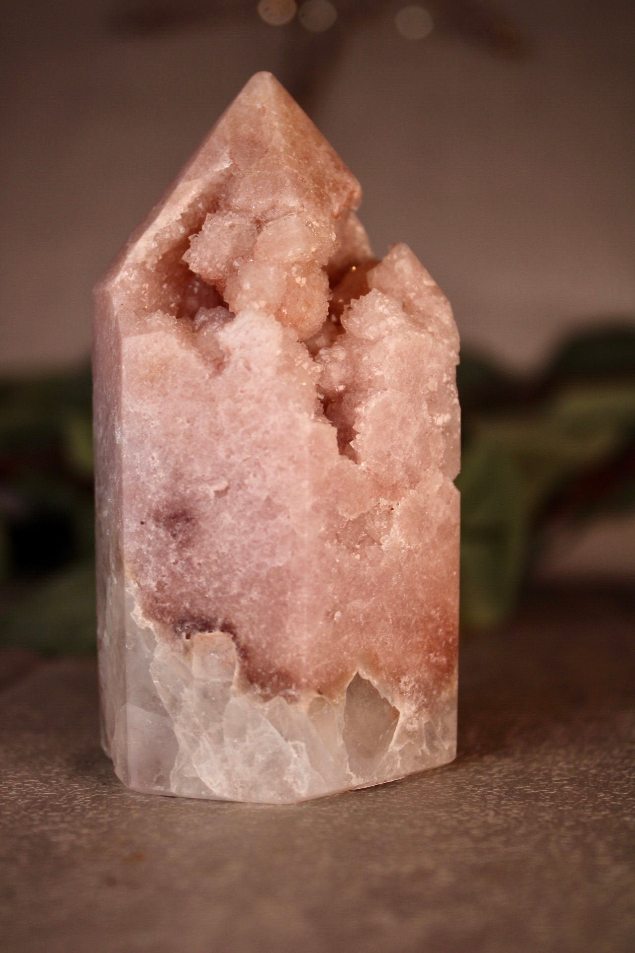 High grade pink amethyst tower with quartz bottom 295g 9.5cm tall