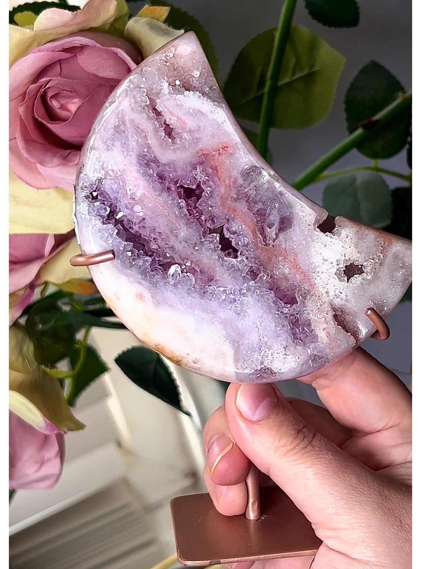 High grade, pink amethyst moon with purple quartz druze, rutile, sugar druzy formations and some red hematite lines 405g