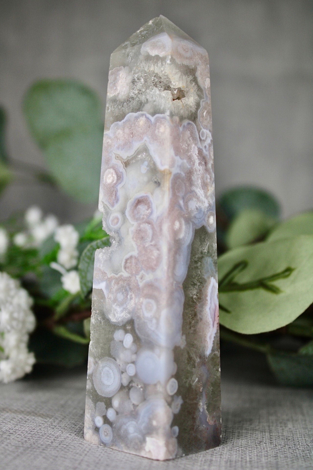 Stunning!! Super high quality, Druzy, green chlorite x blue flower agate, 4 sided, tower