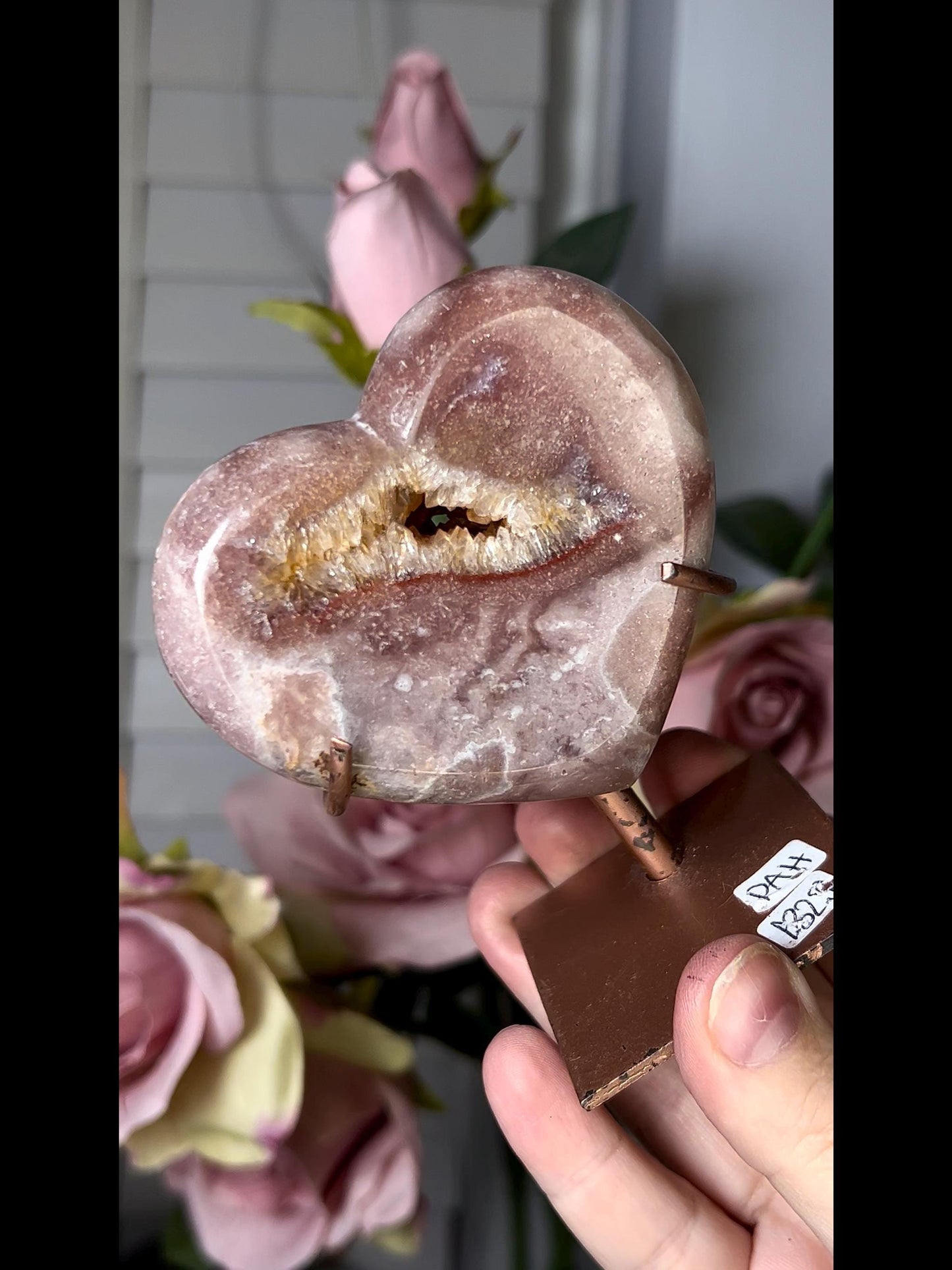 pink amethyst heart in deep pink tones and quartz druzy with red hematite lining, comes with stand that is scratched (discount added)