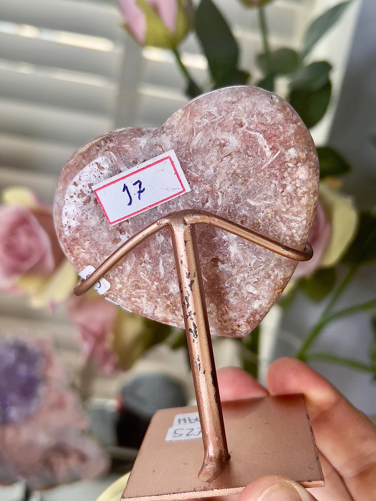 Deep Pink amethyst heart with rutile on stand - it is scratched but can be repainted easily (discount already applied)