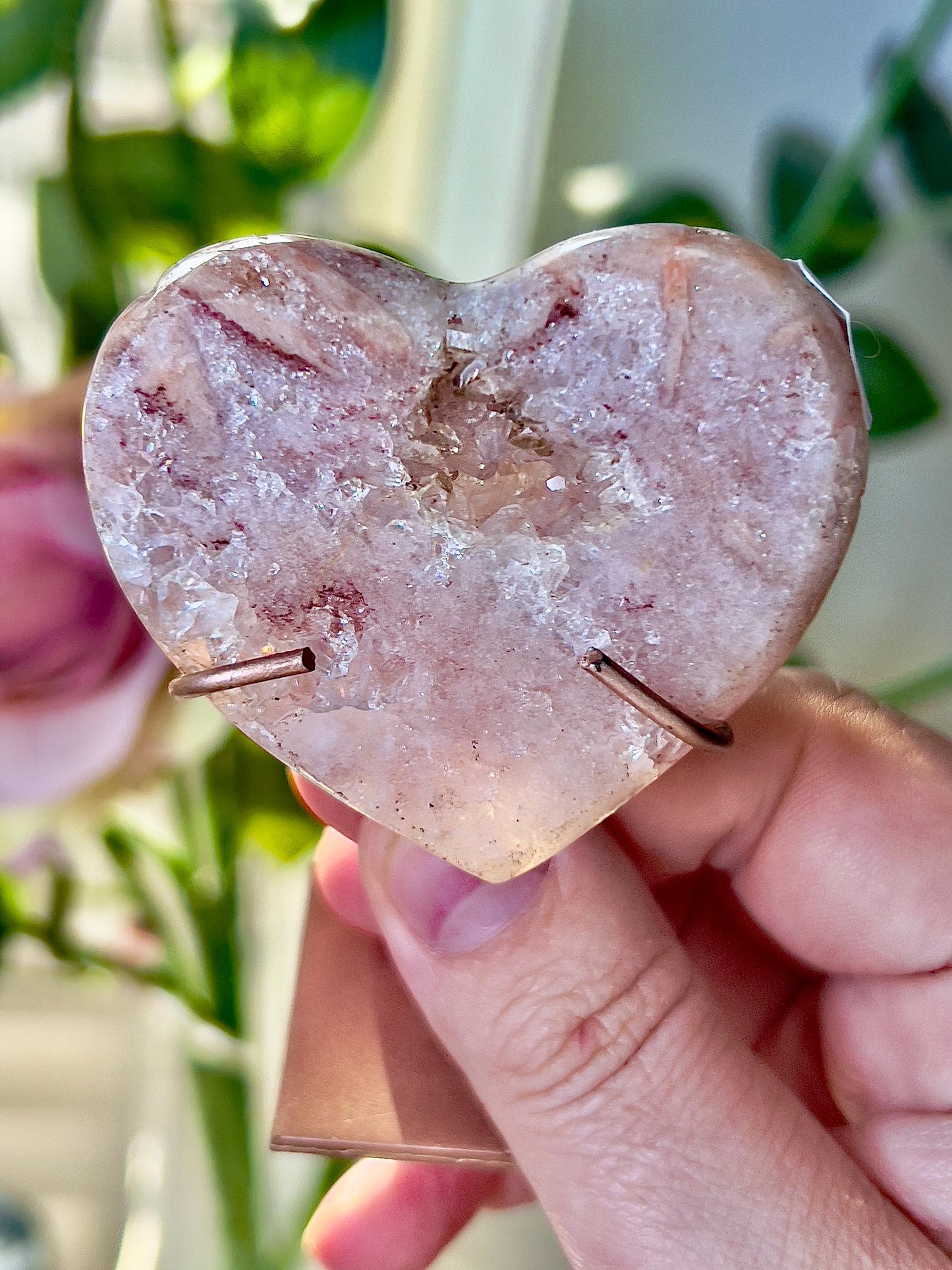 Mini, high grade, pink amethyst haert with rutile markings on custom stand