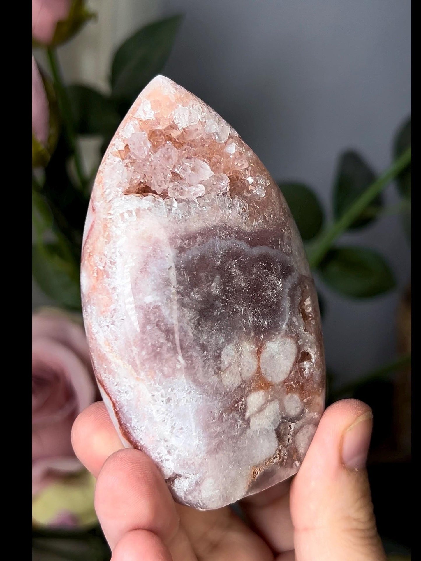 High grade, pink amethyst flame with quartz
