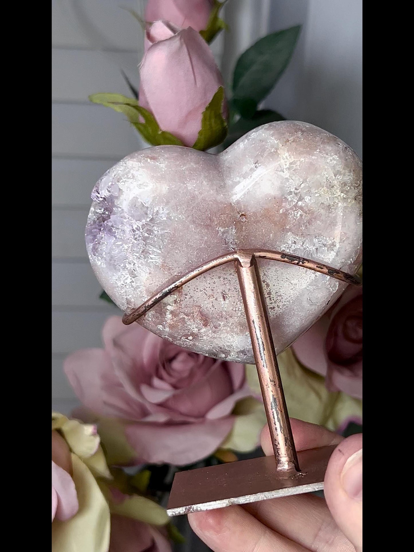 High grade, stunning, pink amethyst heart with purple quartz on stand 384g