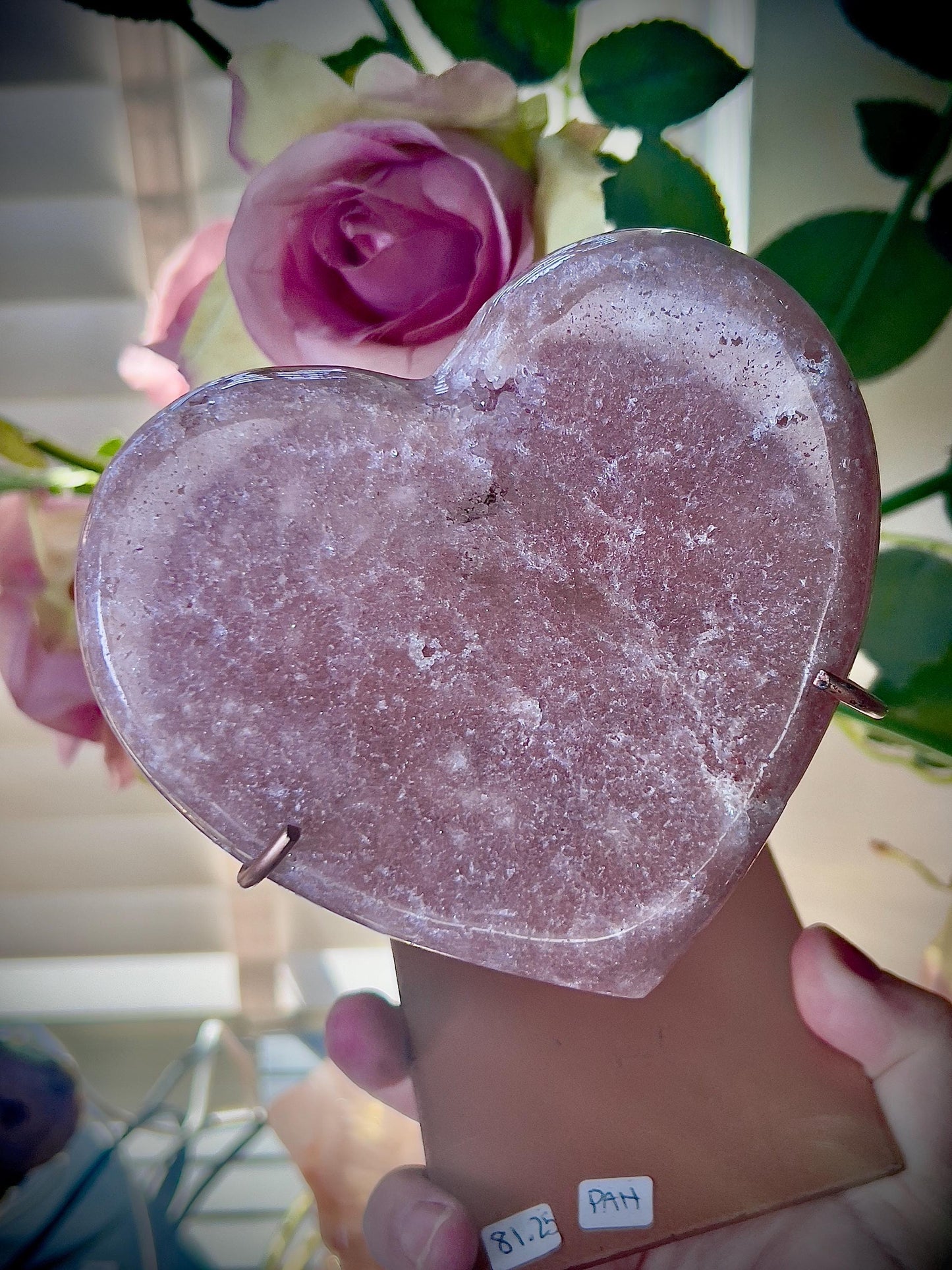 Deep Pink amethyst heart on custom stand - which has scratches (discount added) can easily be repainted